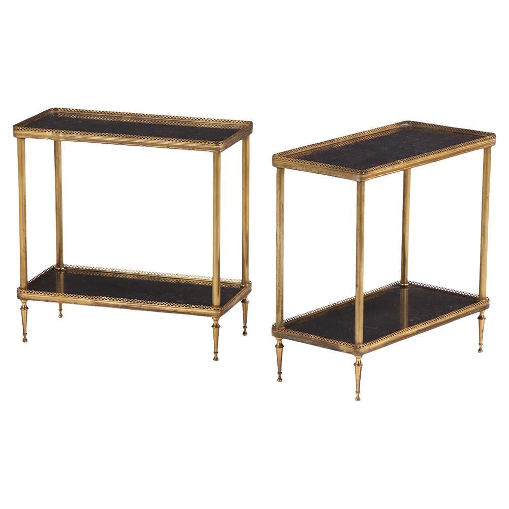 A Pair of French Brass and Marble Two-Tier Tables, C. 1945. For Sale