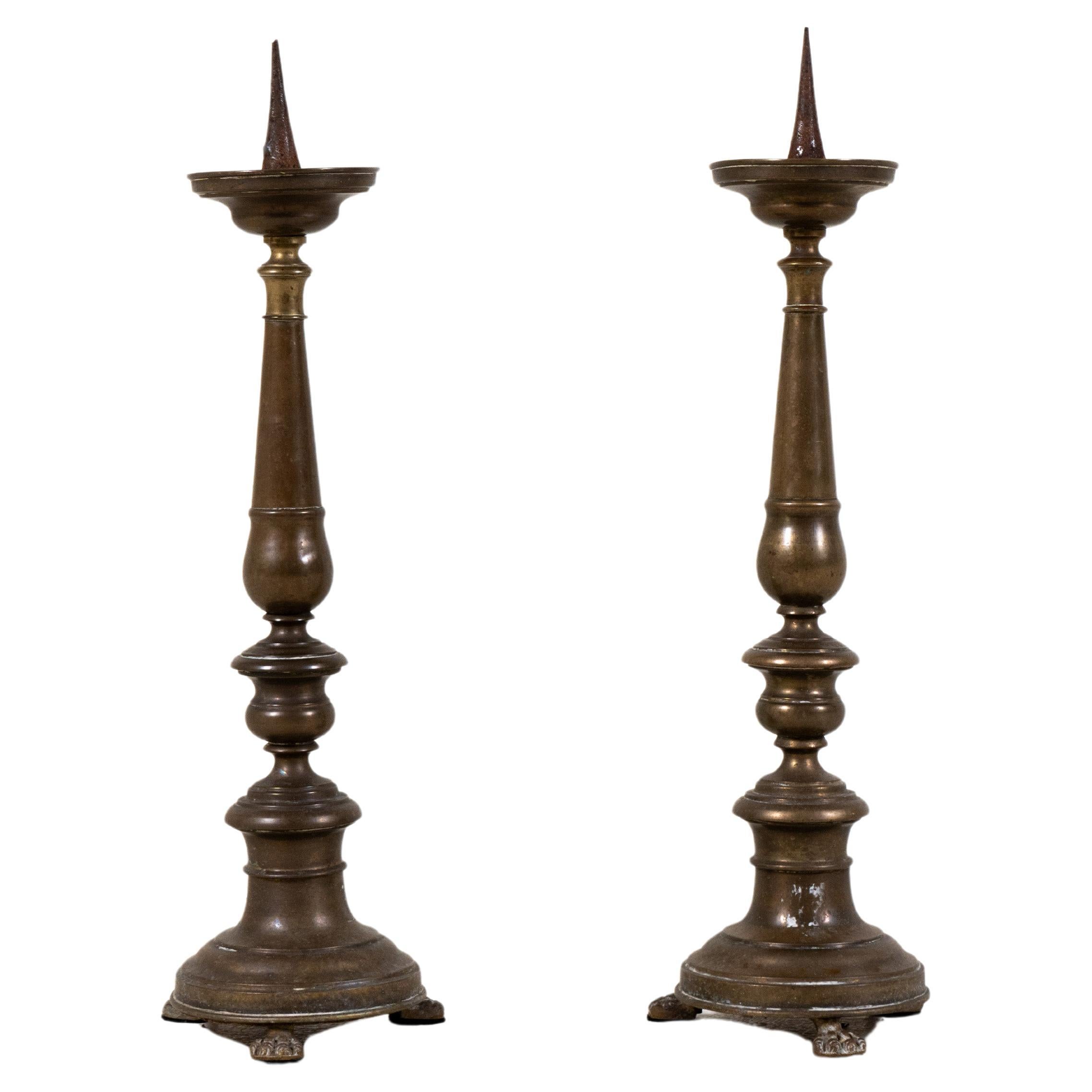 A Pair of French Brass Candleholders, c. 1900 For Sale