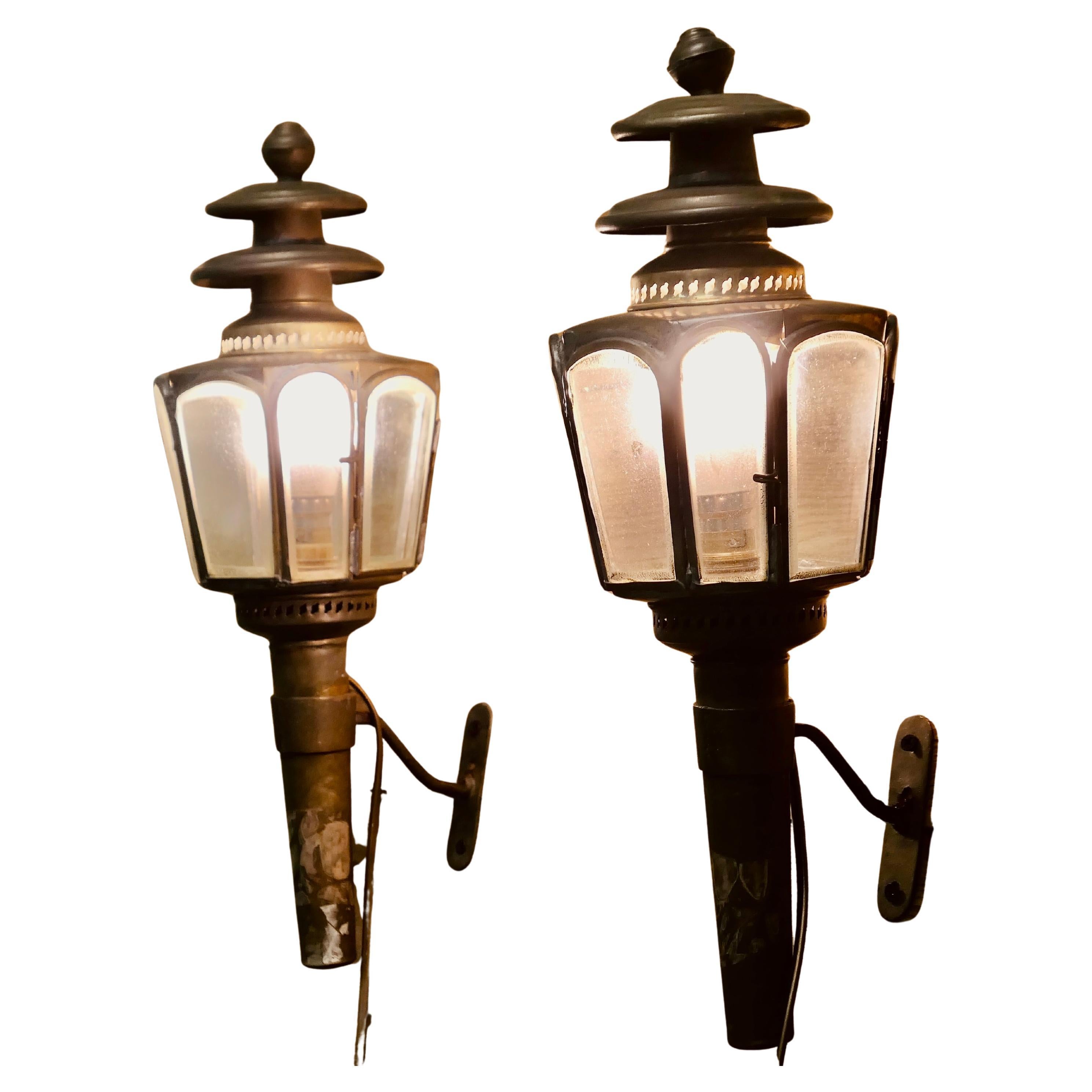 A Pair of French Brass Carriage Lamps, Wall Lanterns