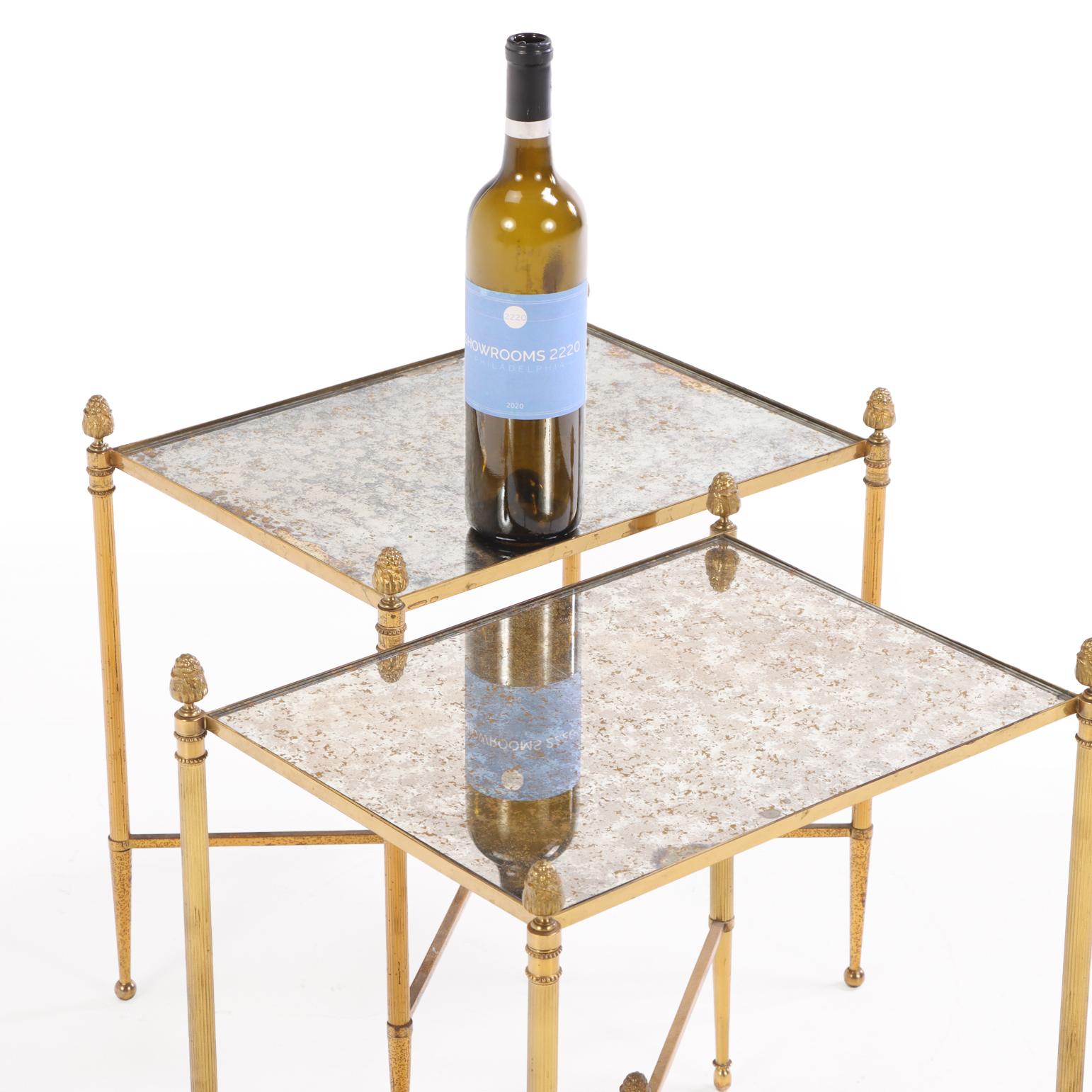 20th Century A Pair of French Brass Directoire-Style Mottled Mirror Tables, C. 1950. For Sale