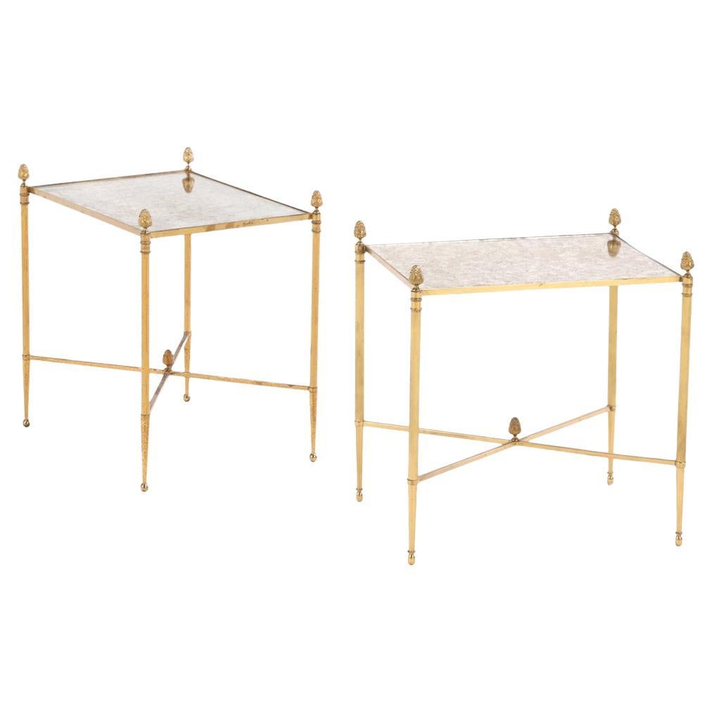 A Pair of French Brass Directoire-Style Mottled Mirror Tables, C. 1950. For Sale