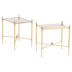 A Pair of French Brass Directoire-Style Mottled Mirror Tables, C. 1950.