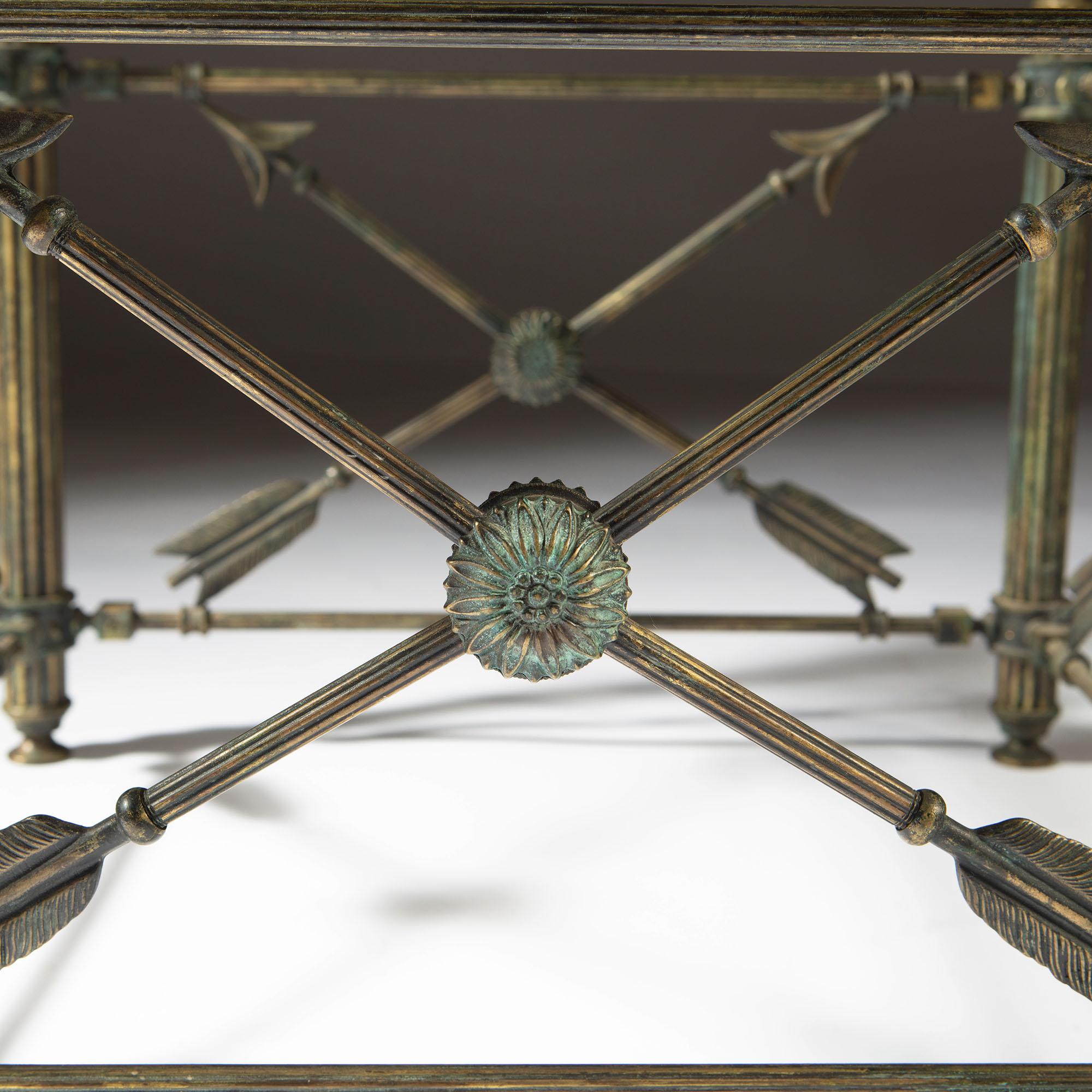 Pair of French Bronze Arrow Side Tables with Glass Tops 1