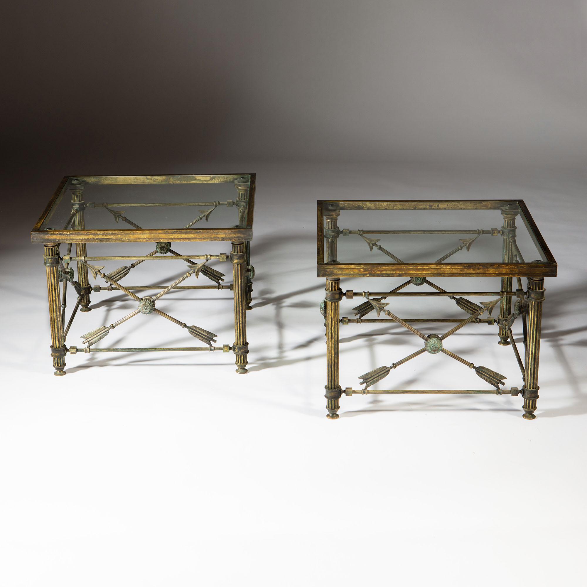 Pair of French Bronze Arrow Side Tables with Glass Tops 2