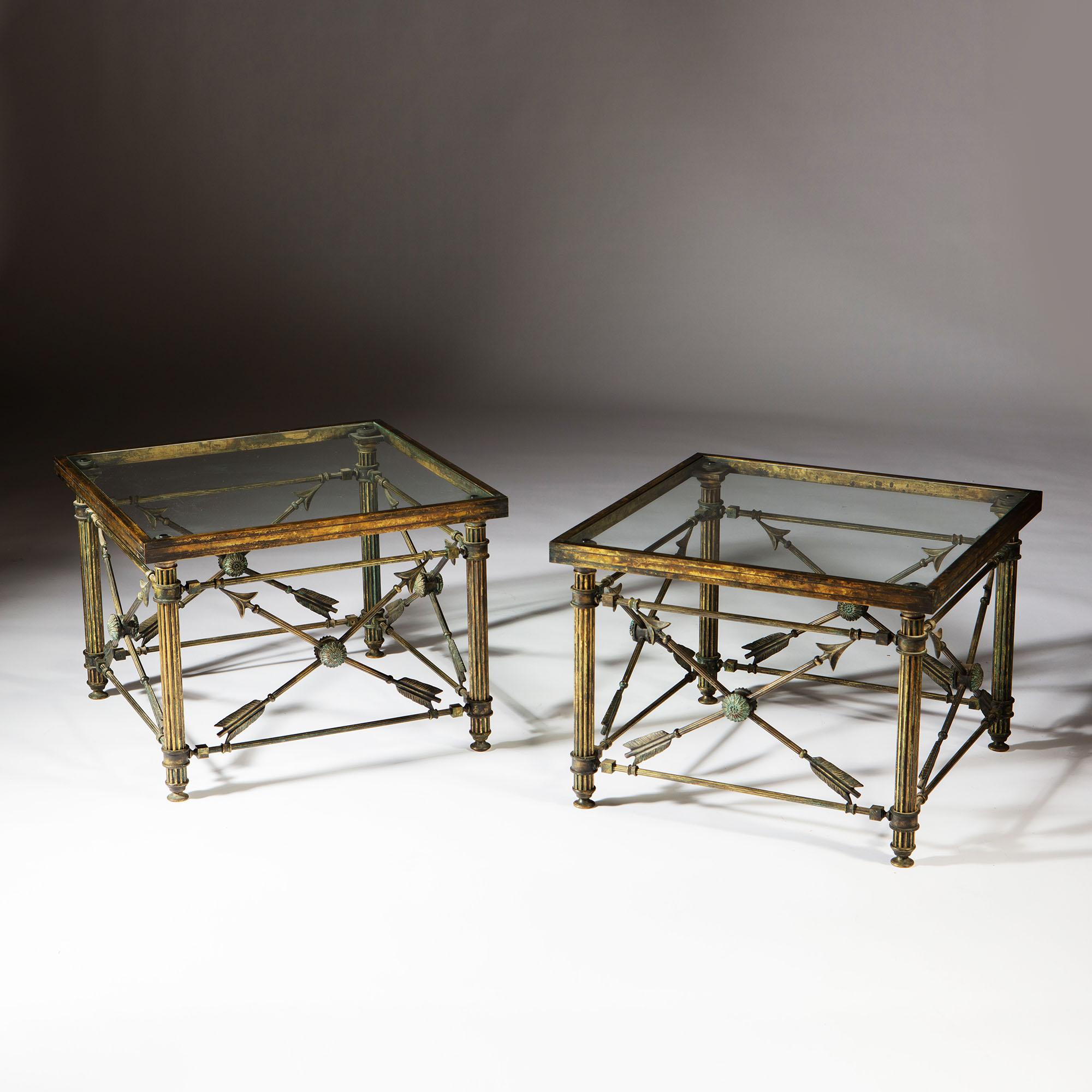 Pair of French Bronze Arrow Side Tables with Glass Tops 3