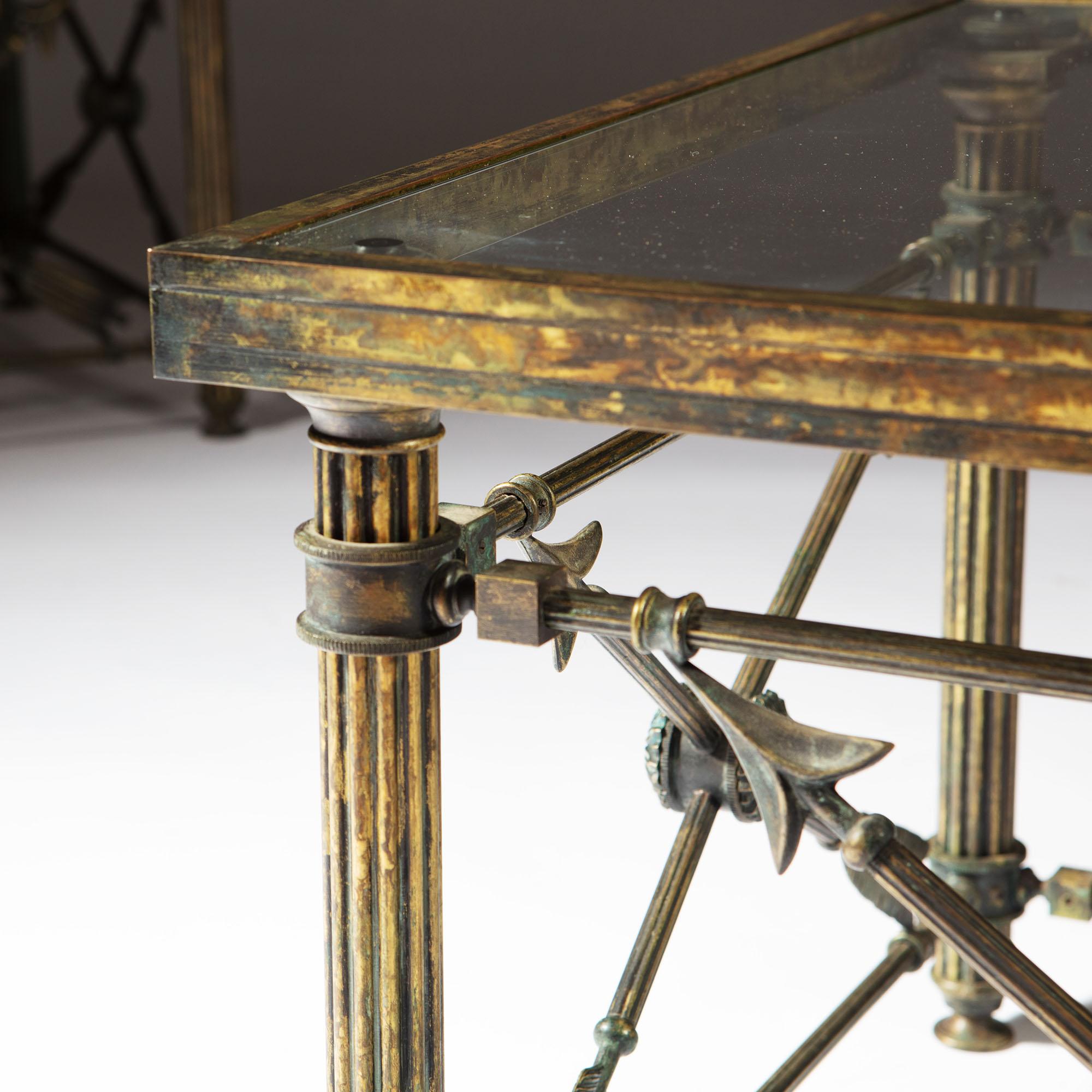 Pair of French Bronze Arrow Side Tables with Glass Tops 4