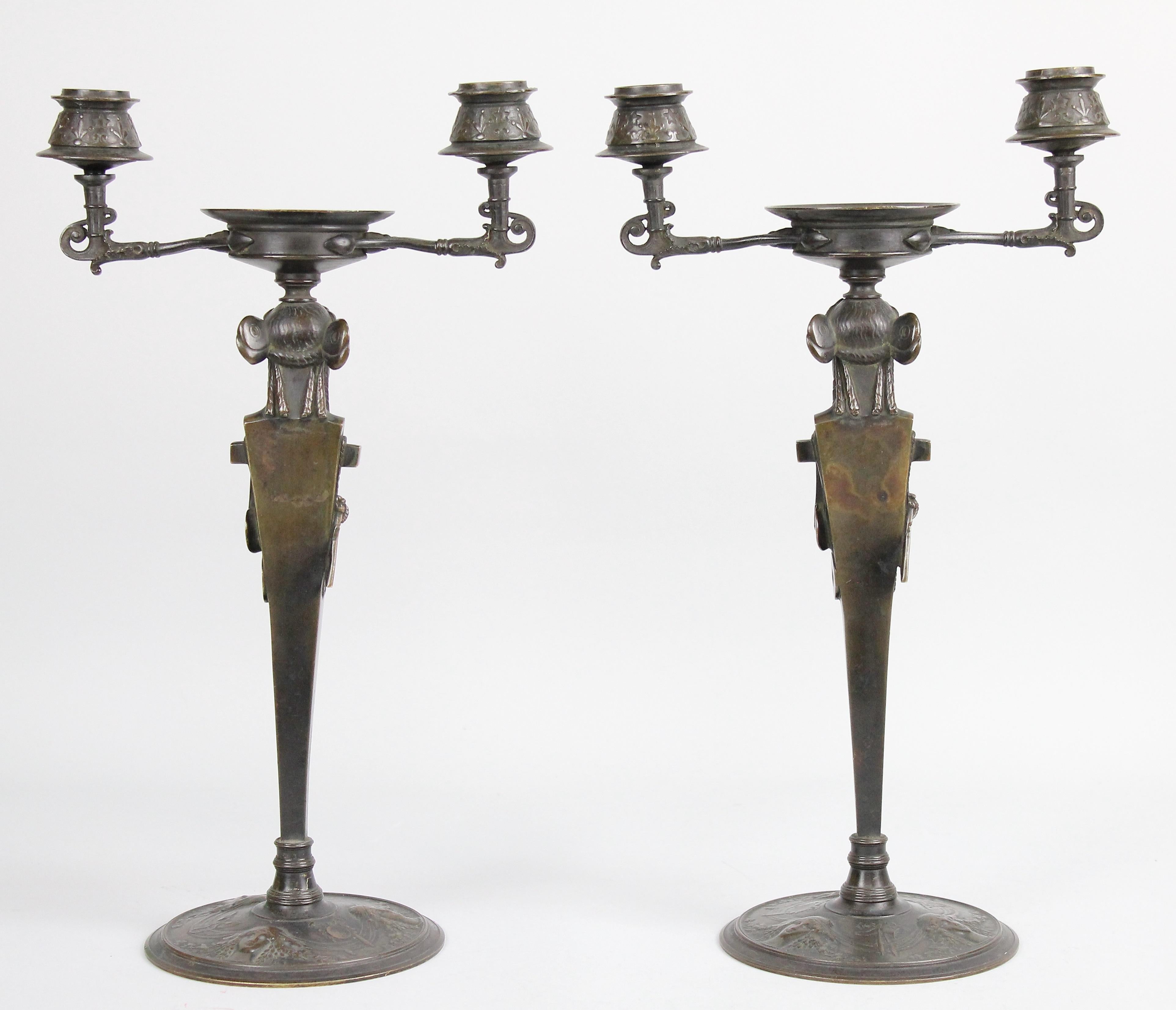 Patinated Pair of French Bronze Candelabra in the Assyrian Style, circa 1900