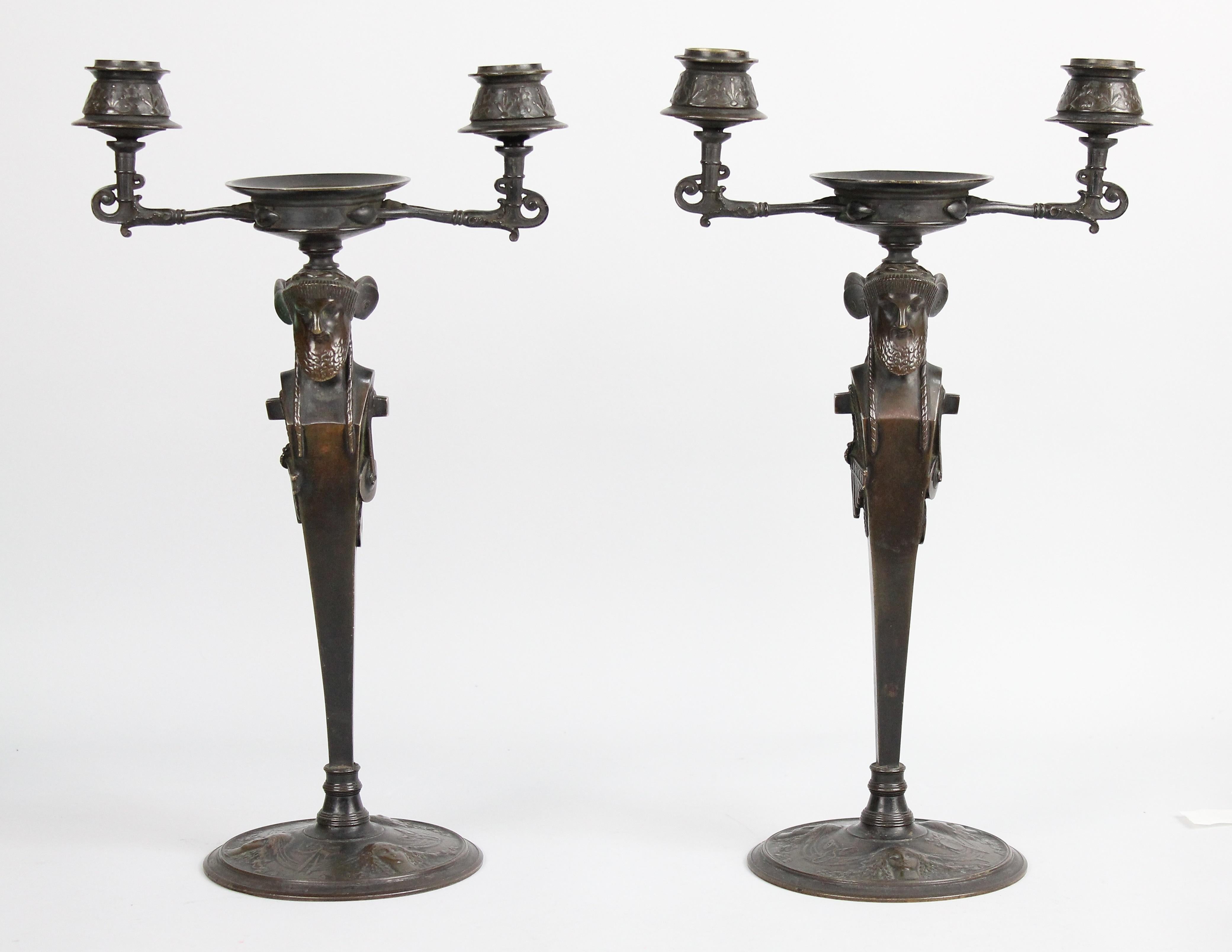 Late 19th Century Pair of French Bronze Candelabra in the Assyrian Style, circa 1900