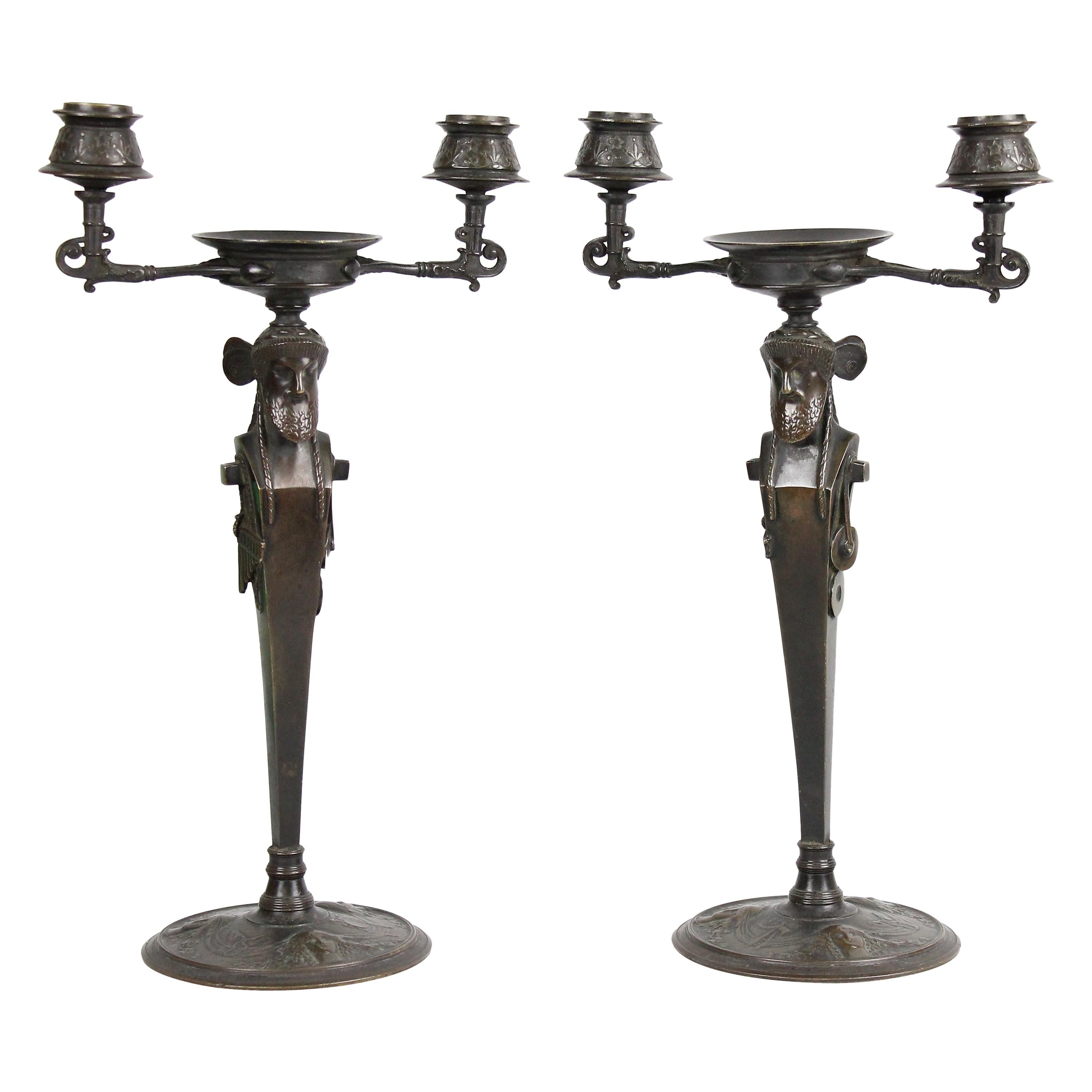 Pair of French Bronze Candelabra in the Assyrian Style, circa 1900