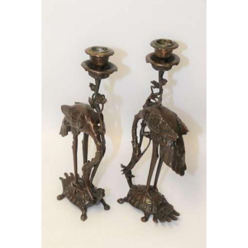 20th Century Pair of French Bronze Candlesticks in the Form of Storks, circa 1900