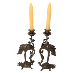 Vintage Pair of French Bronze Candlesticks in the Form of Storks, circa 1900