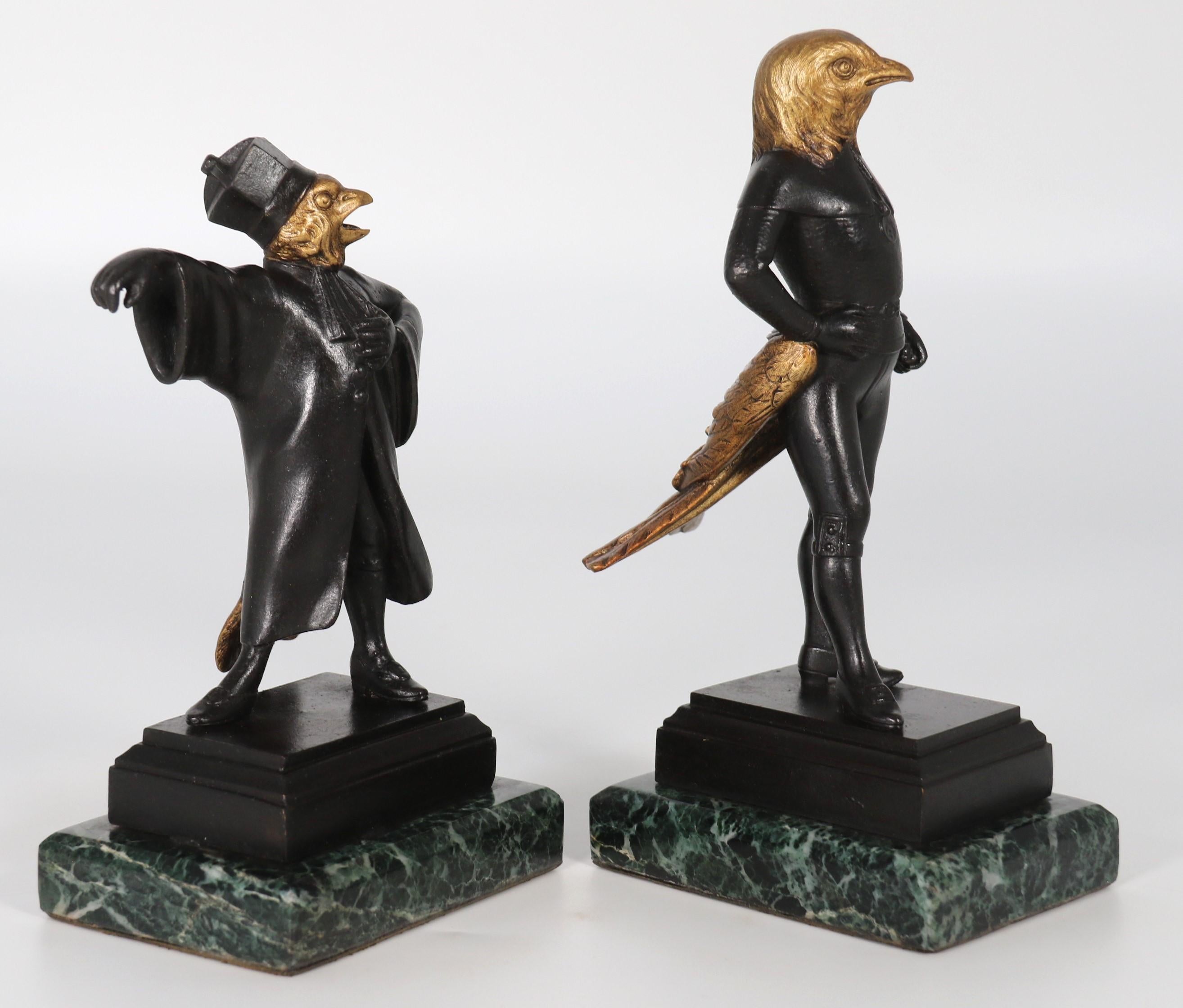 Bronze A  pair of French bronze caricature figures of theatrical birds, circa 1880 For Sale