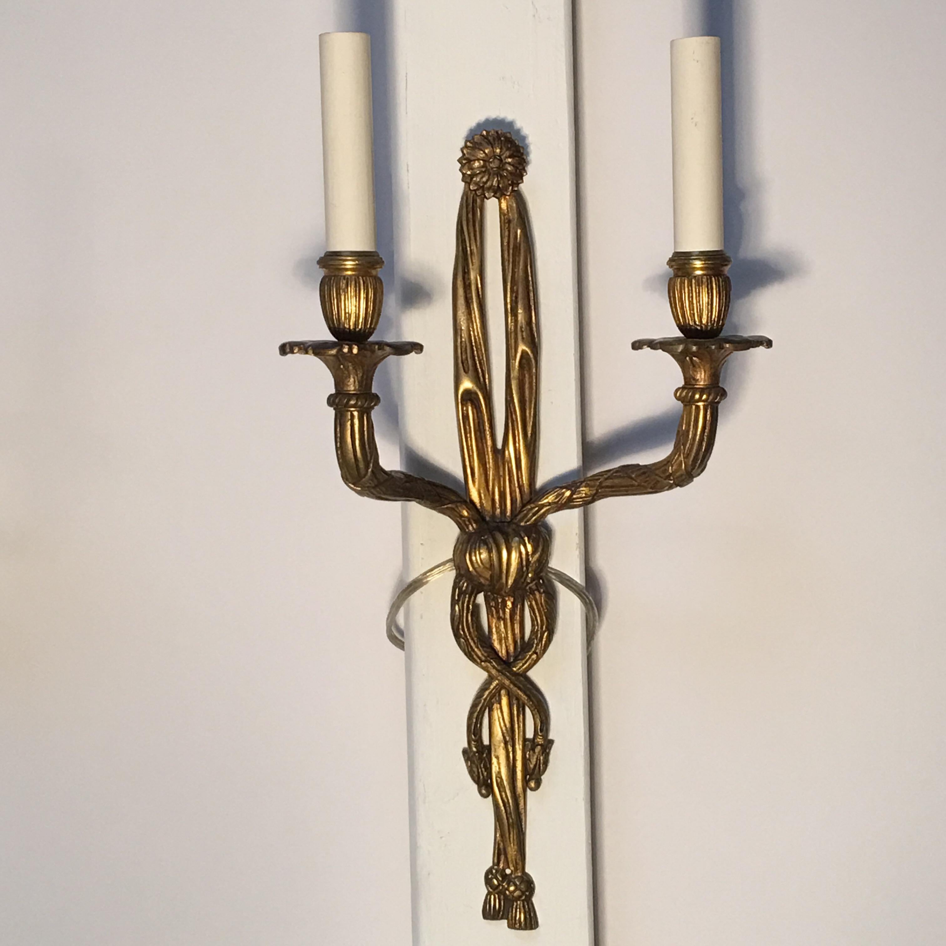 Cast Pair of French Bronze Louis XVI Style Wall Sconces