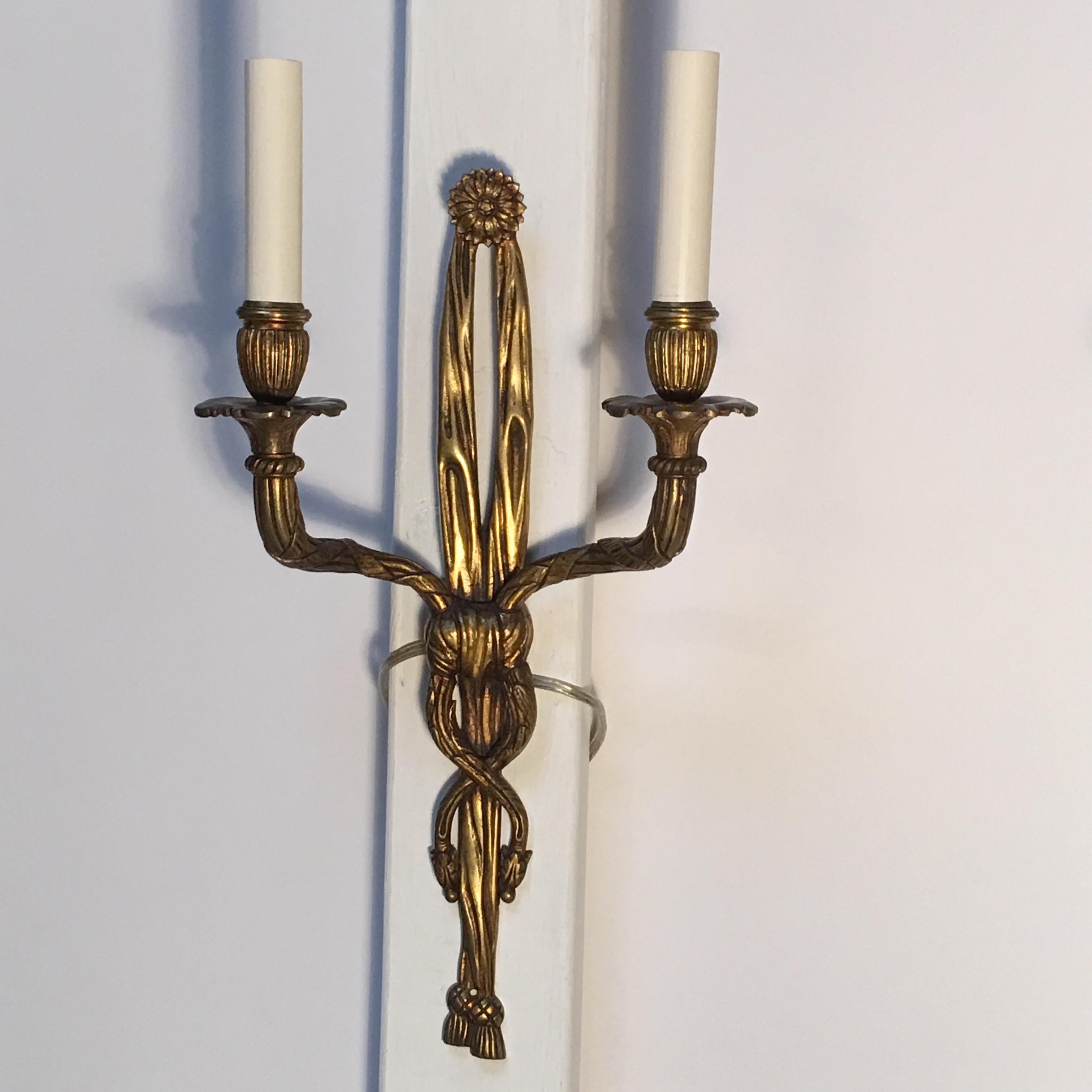 Pair of French Bronze Louis XVI Style Wall Sconces In Good Condition In Dallas, TX