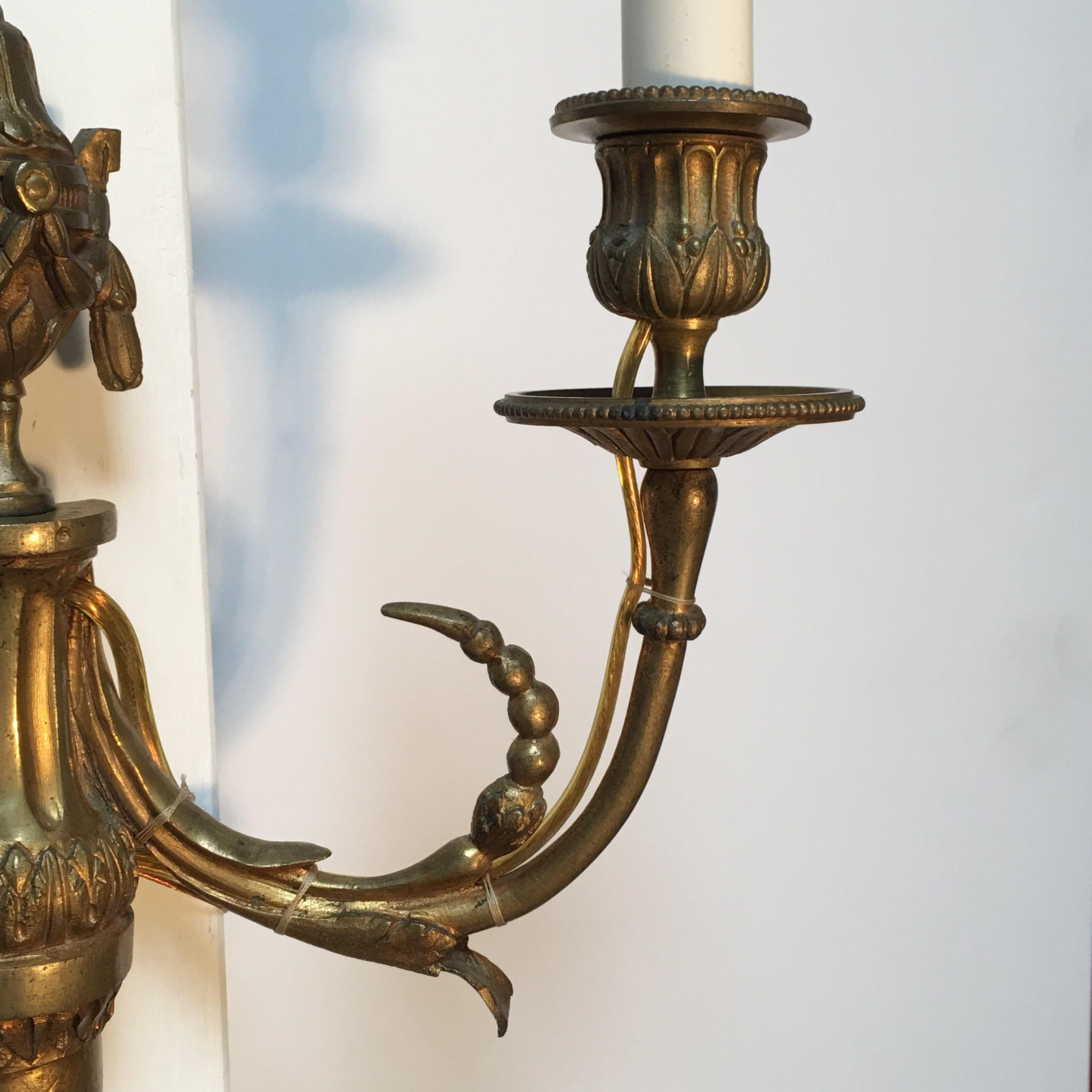Pair of French Bronze Louis XVI Style Wall Sconces For Sale 3