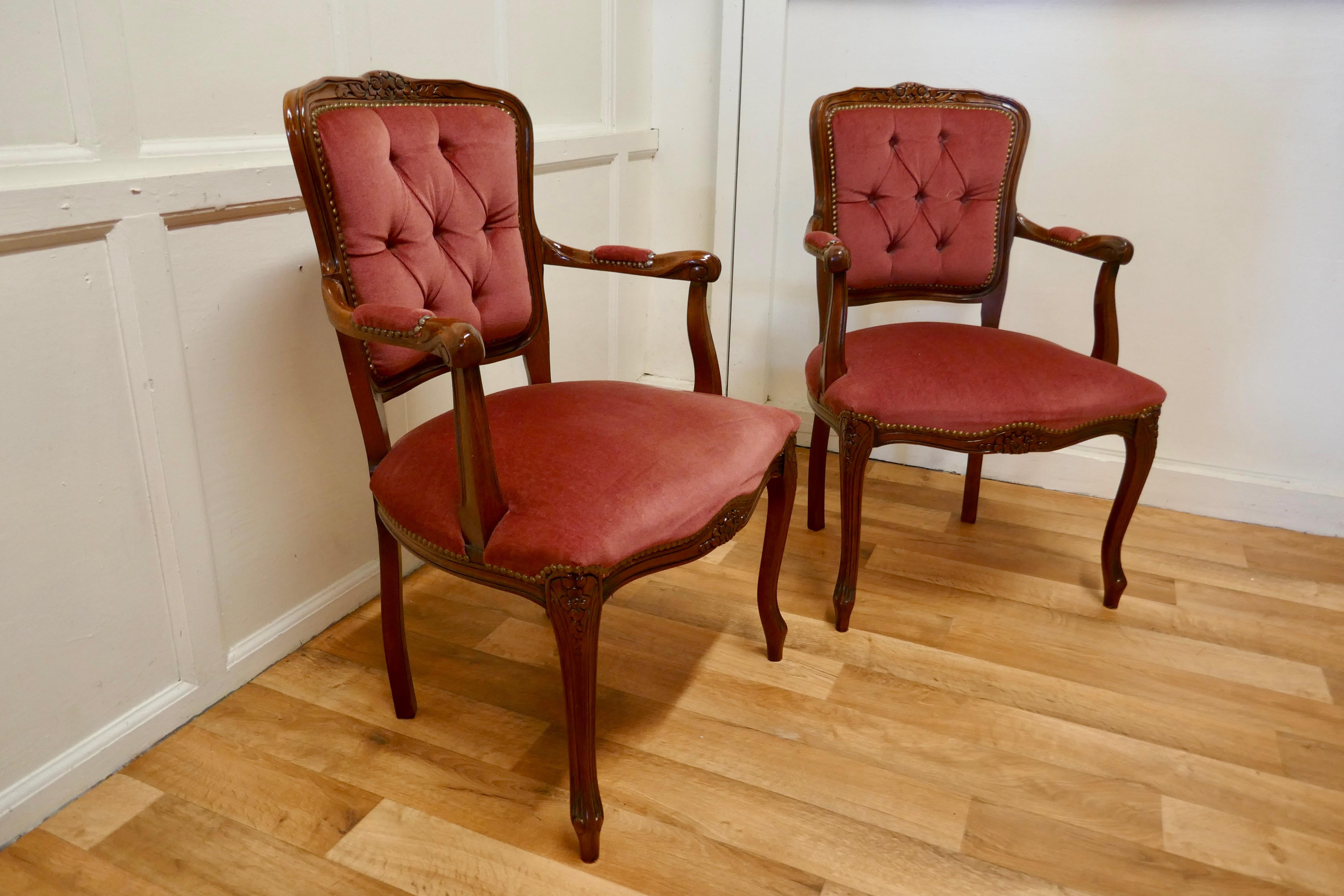 French Provincial Pair of French Button Back Salon Chairs  For Sale