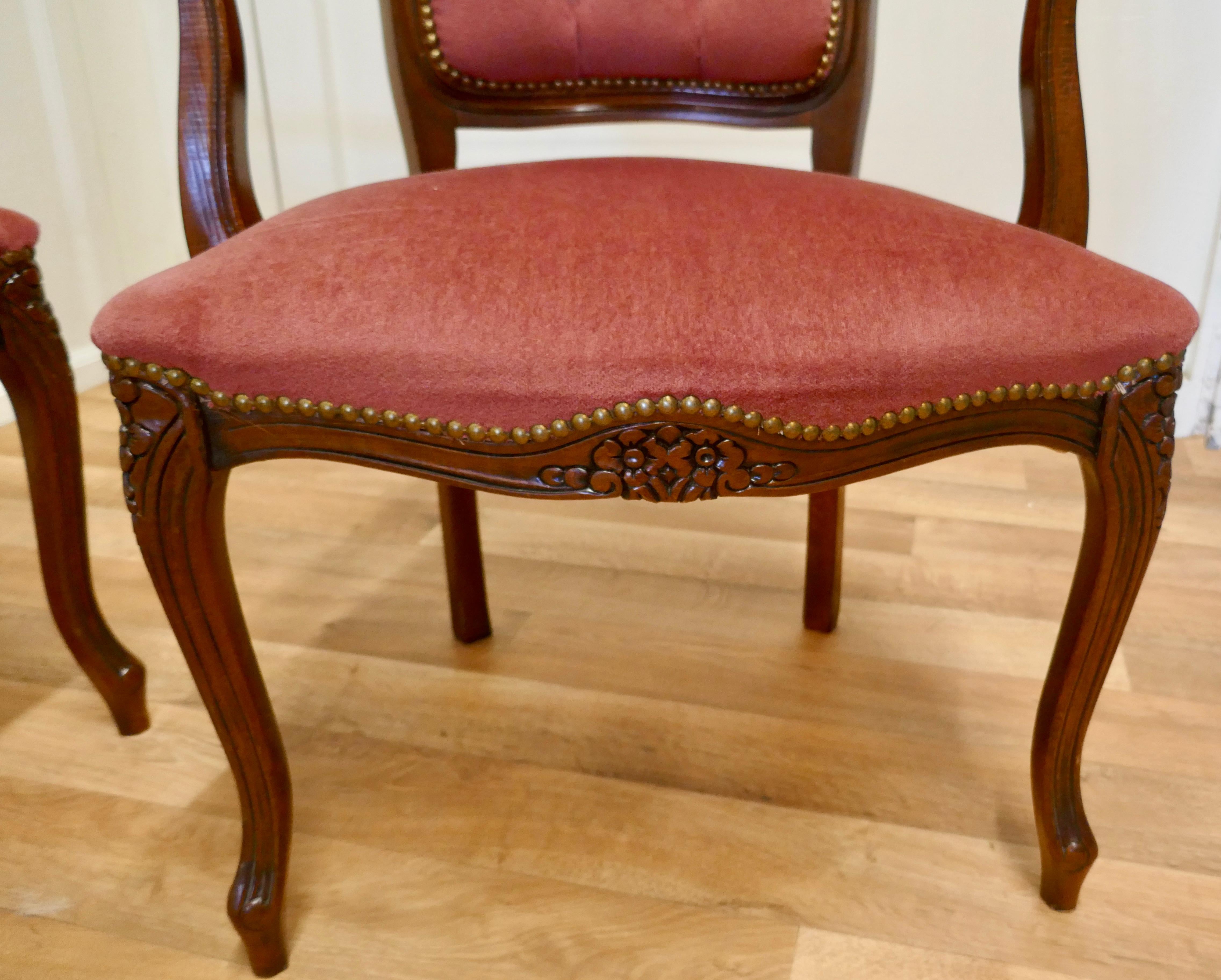 Walnut Pair of French Button Back Salon Chairs  For Sale