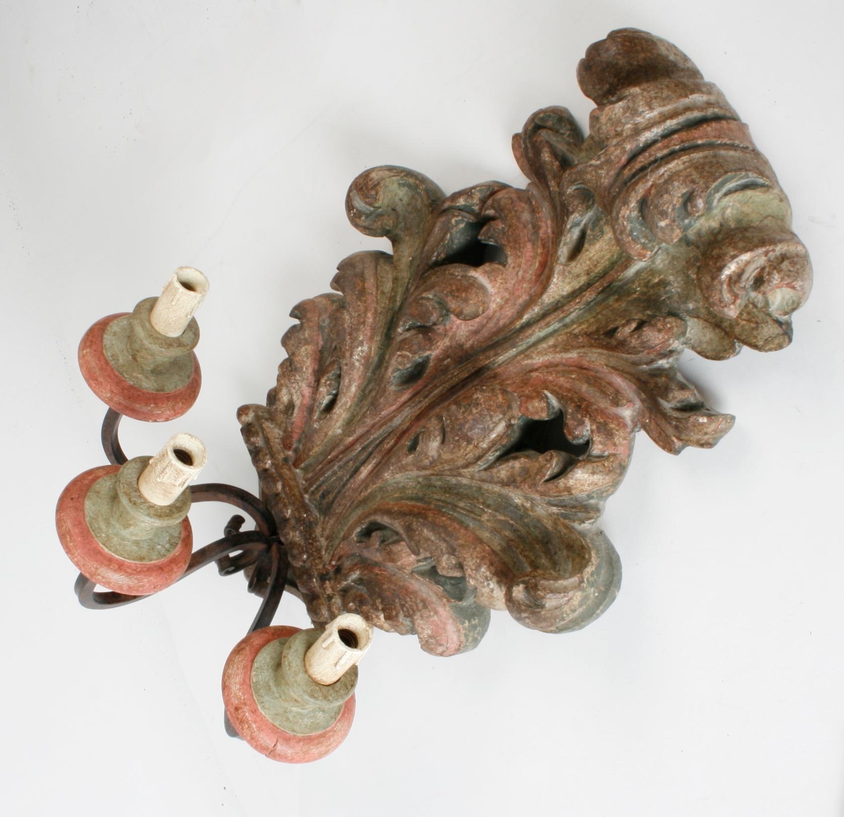 Pair of French Carved and Painted Acanthus Leaf Three Light Wall Sconces 6