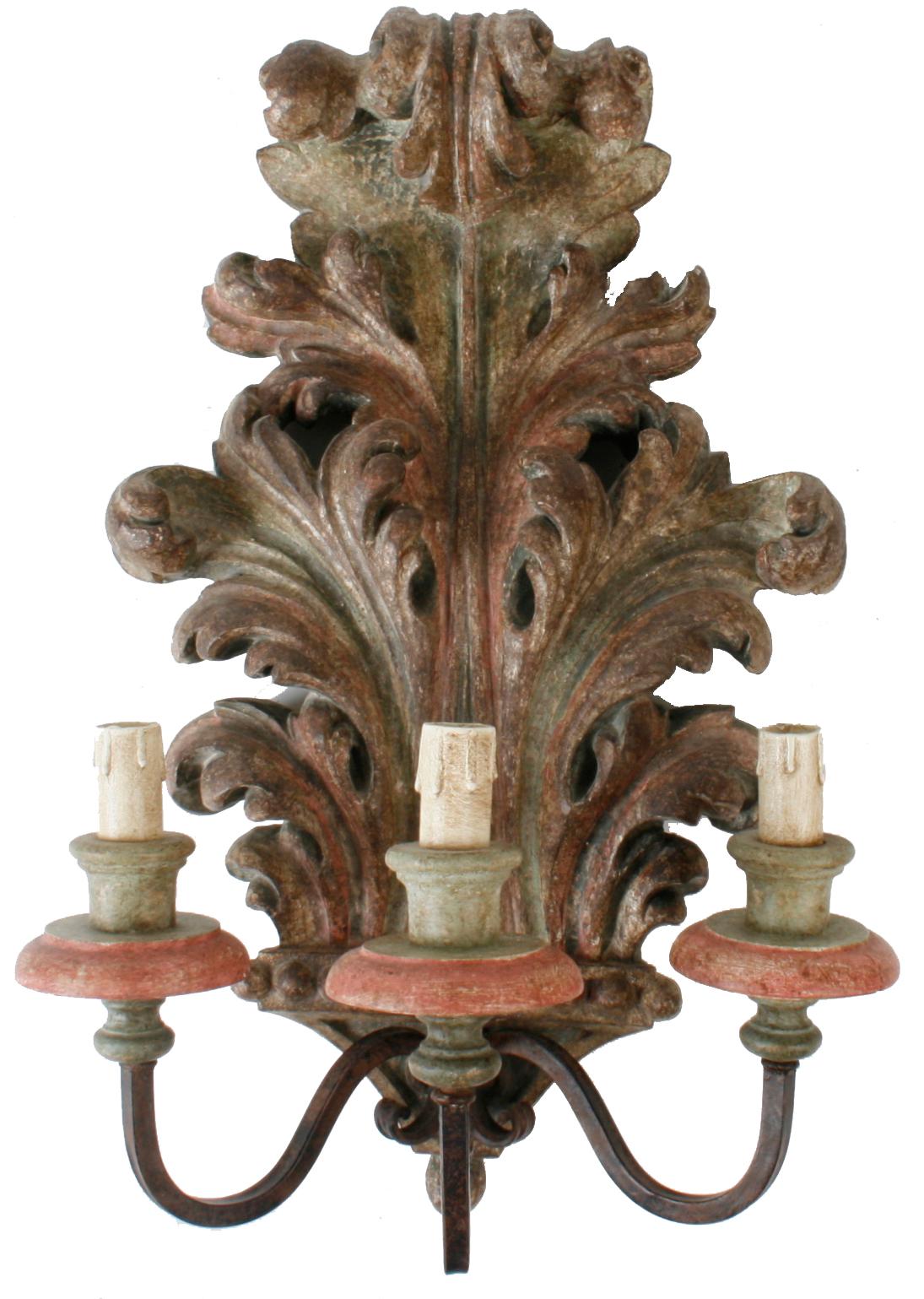 Pair of French Carved and Painted Acanthus Leaf Three Light Wall Sconces In Good Condition In valatie, NY