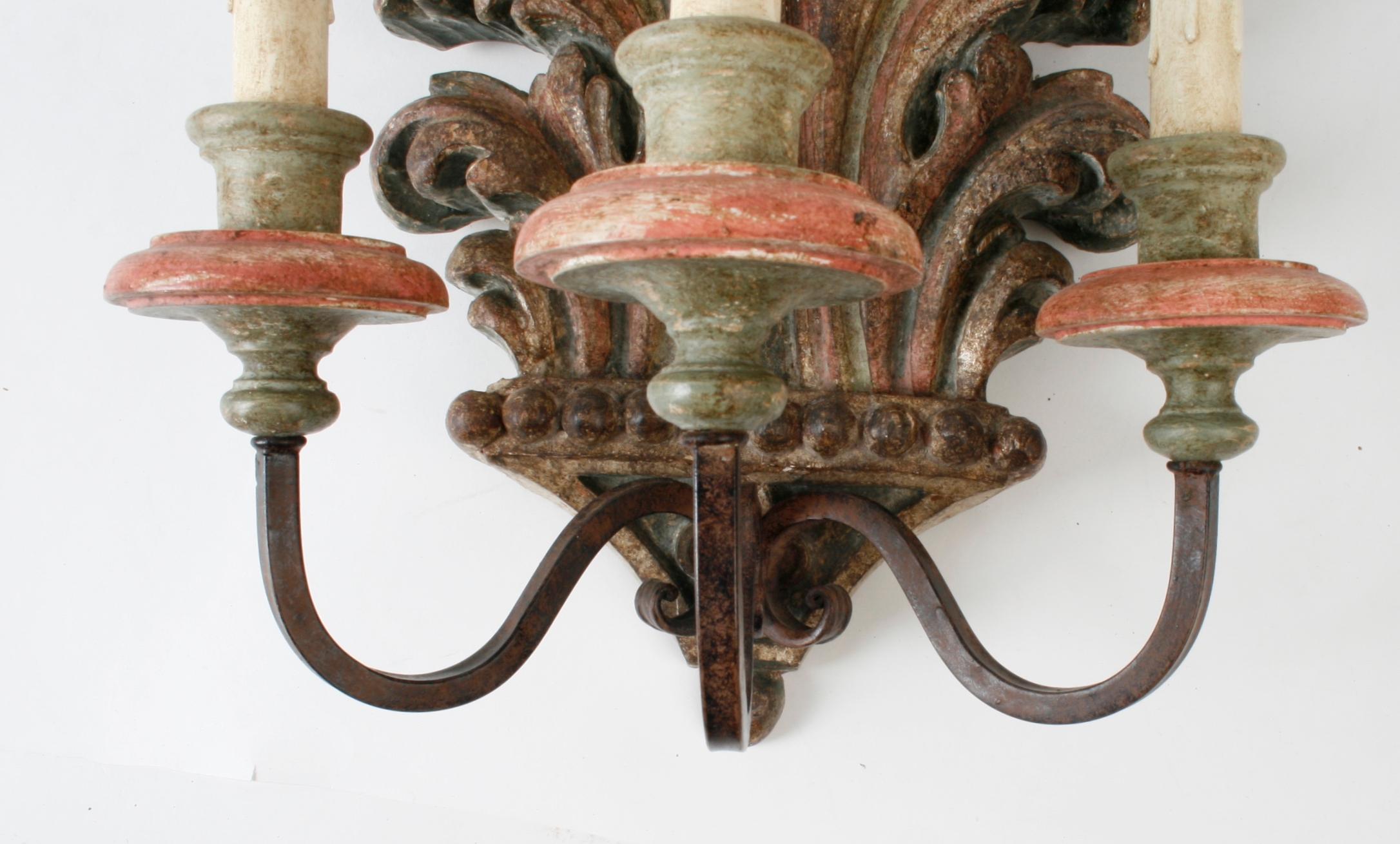 19th Century Pair of French Carved and Painted Acanthus Leaf Three Light Wall Sconces