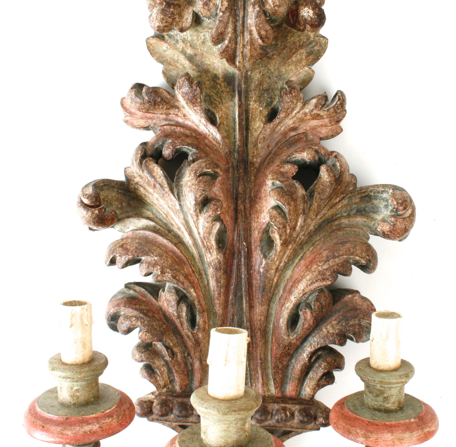 Wood Pair of French Carved and Painted Acanthus Leaf Three Light Wall Sconces