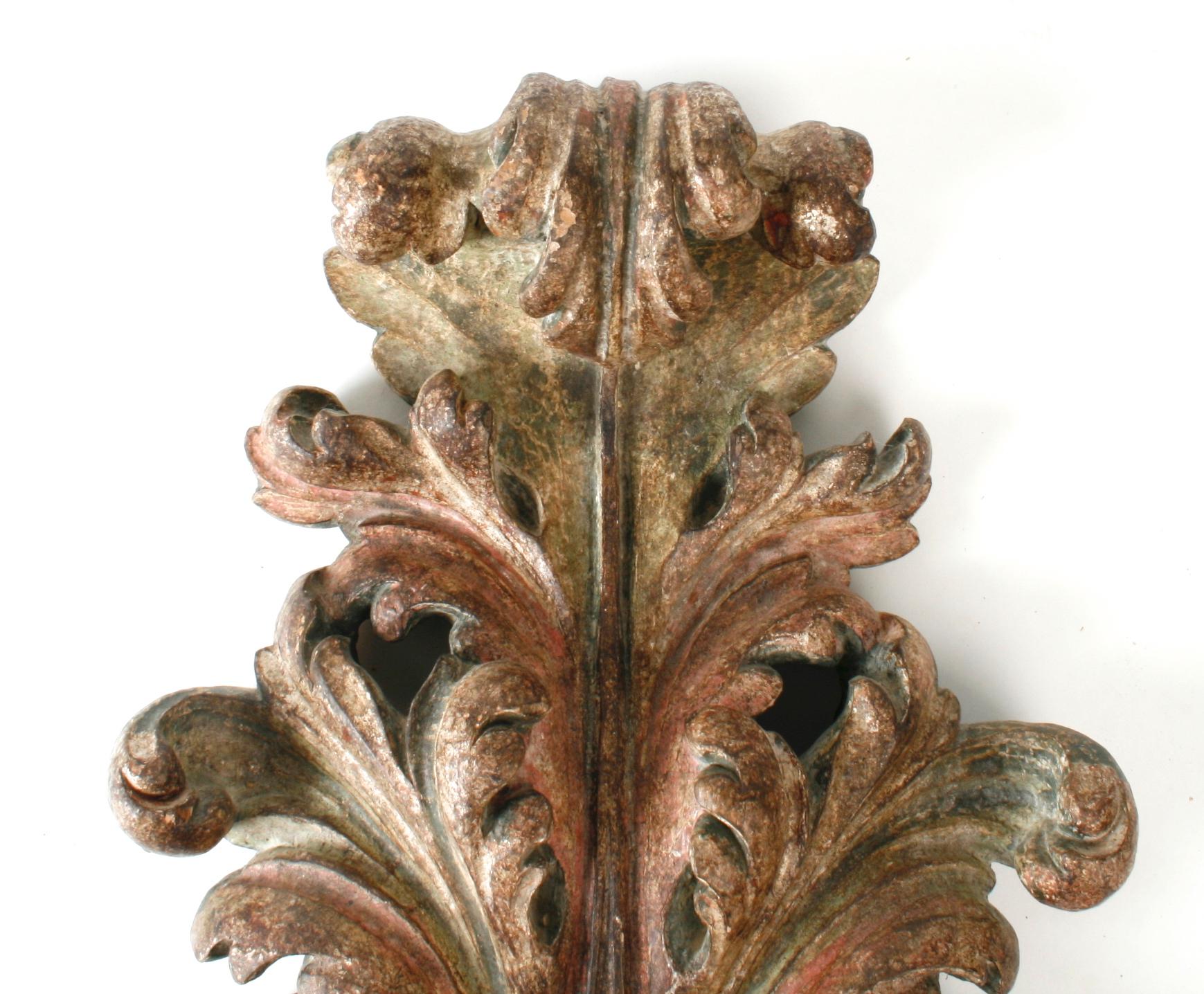 Pair of French Carved and Painted Acanthus Leaf Three Light Wall Sconces 1