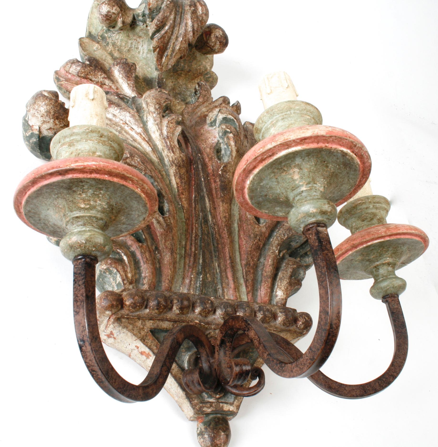 Pair of French Carved and Painted Acanthus Leaf Three Light Wall Sconces 2
