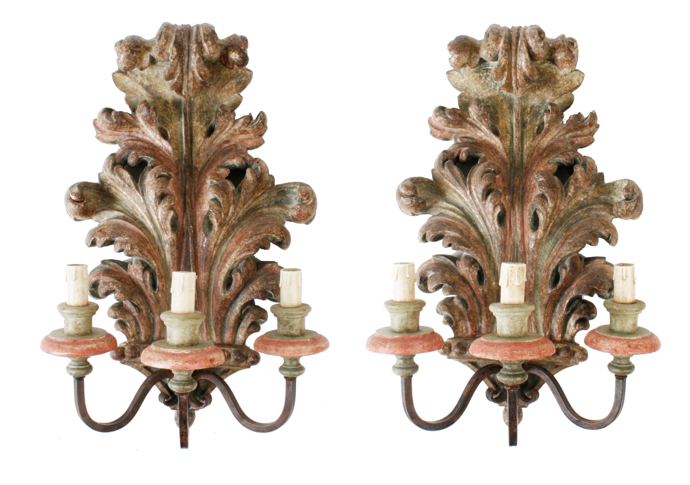 Pair of French Carved and Painted Acanthus Leaf Three Light Wall Sconces