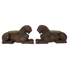 A Pair Of French Carved Giltwood Reclining Lion Sculptures, Florentine, With Pad