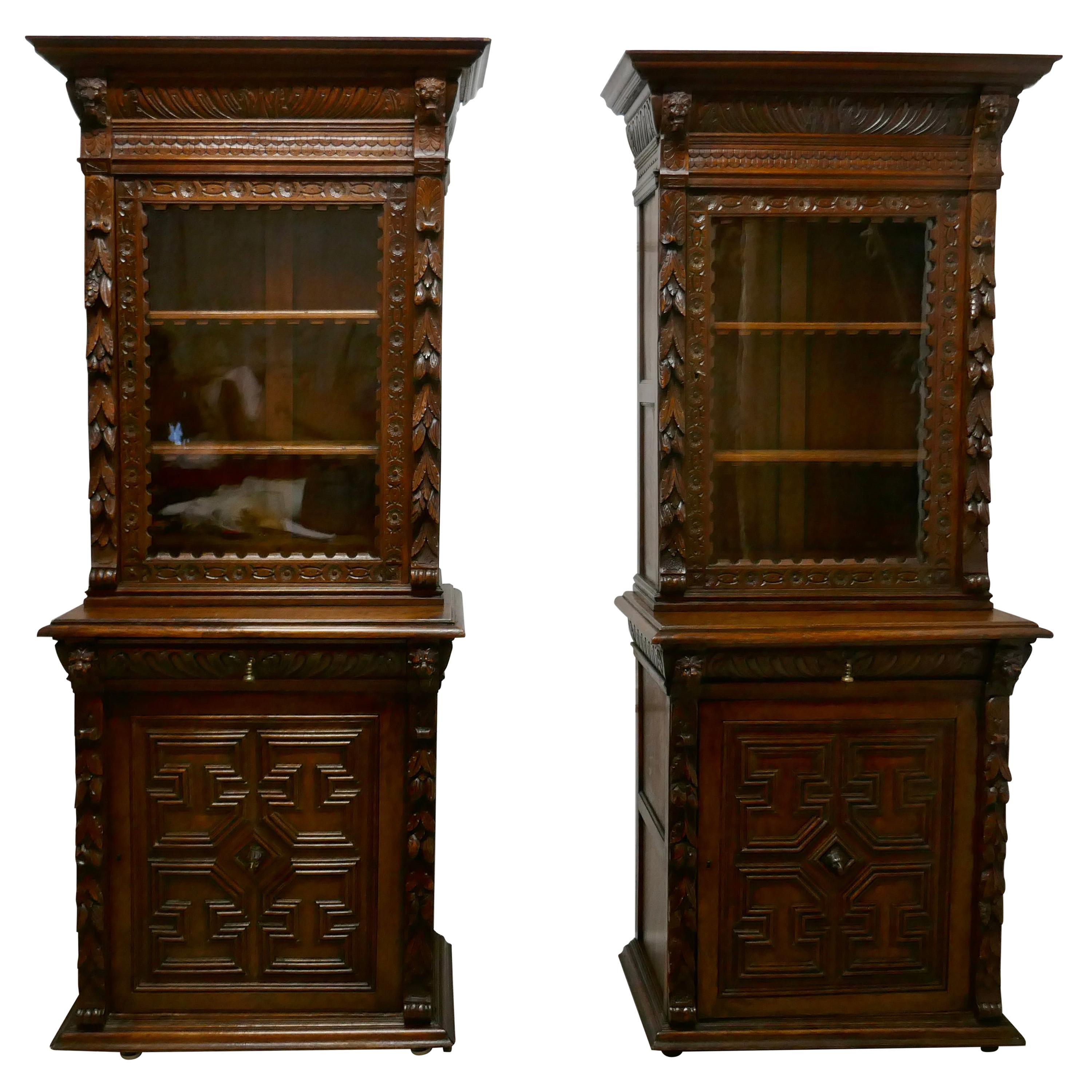 Pair of French Carved Gothic Oak Bookcases