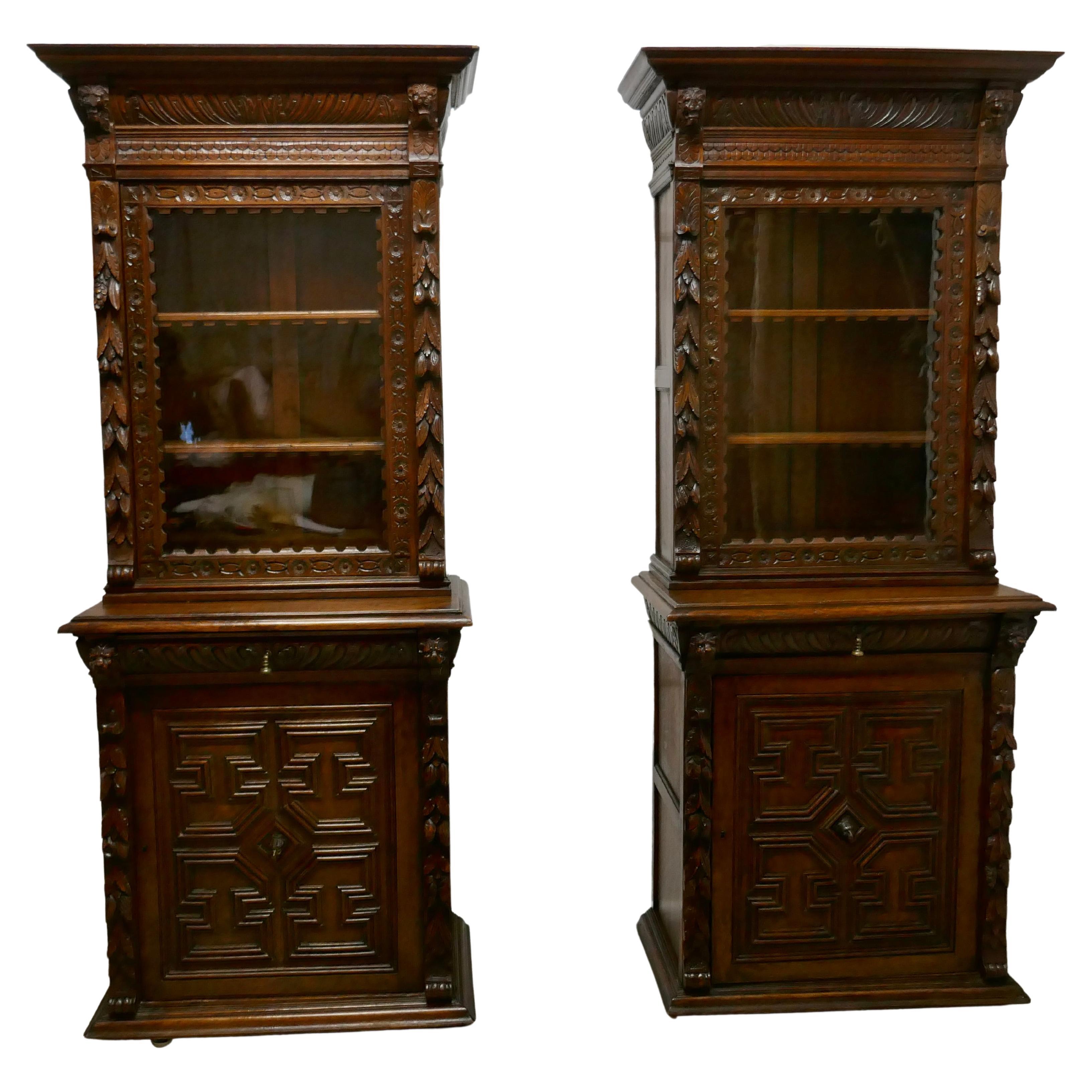 A Pair of French Carved Gothic Oak Bookcases   