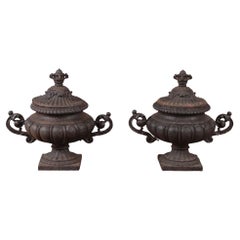 Pair of French Cast Iron Garden Urns with Removable Winter Covers, 19th C