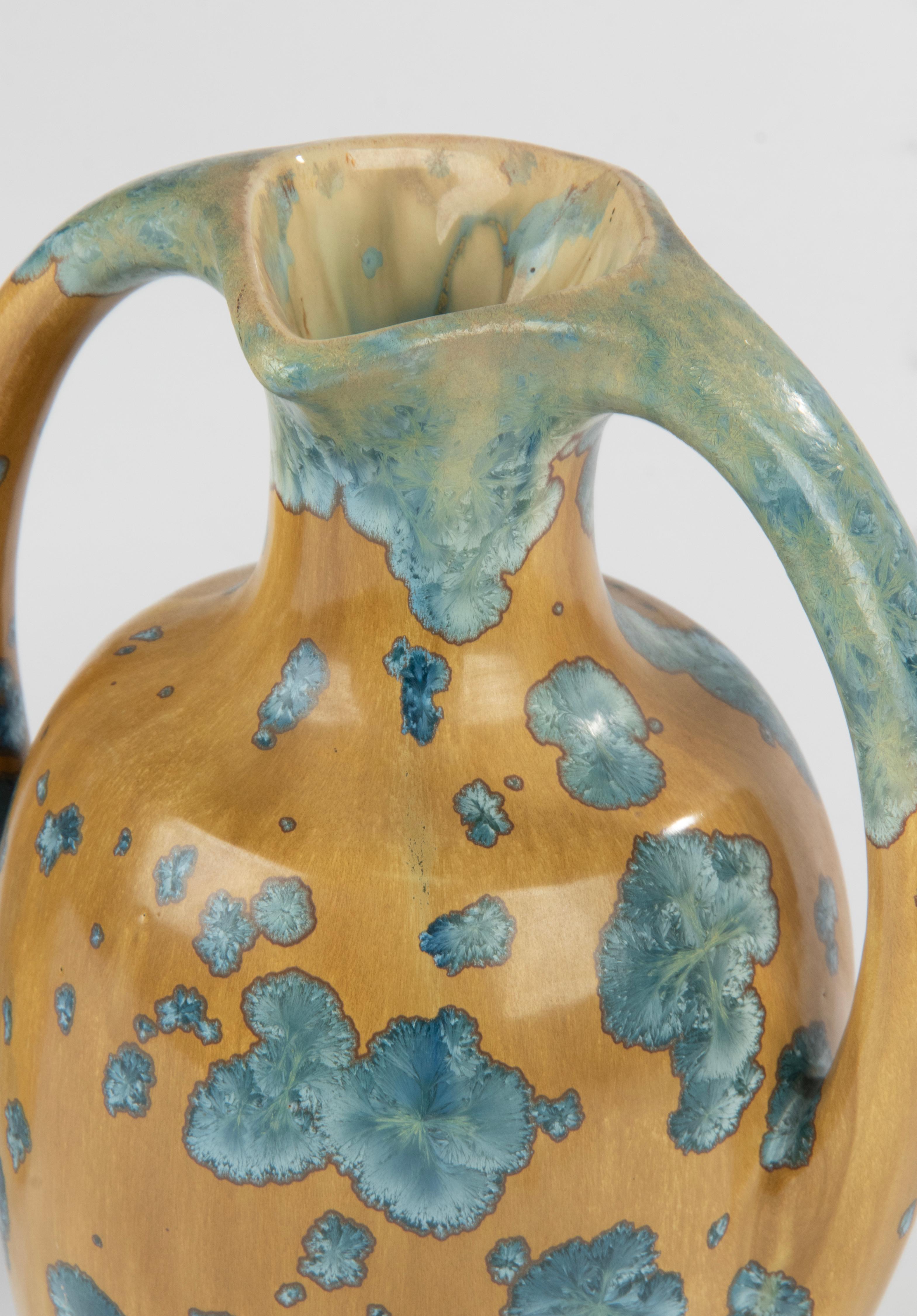 Ein Paar französische Art-Déco-Vasen aus Keramik mit kristalliner Glasur - Pierrefonds  im Angebot 4