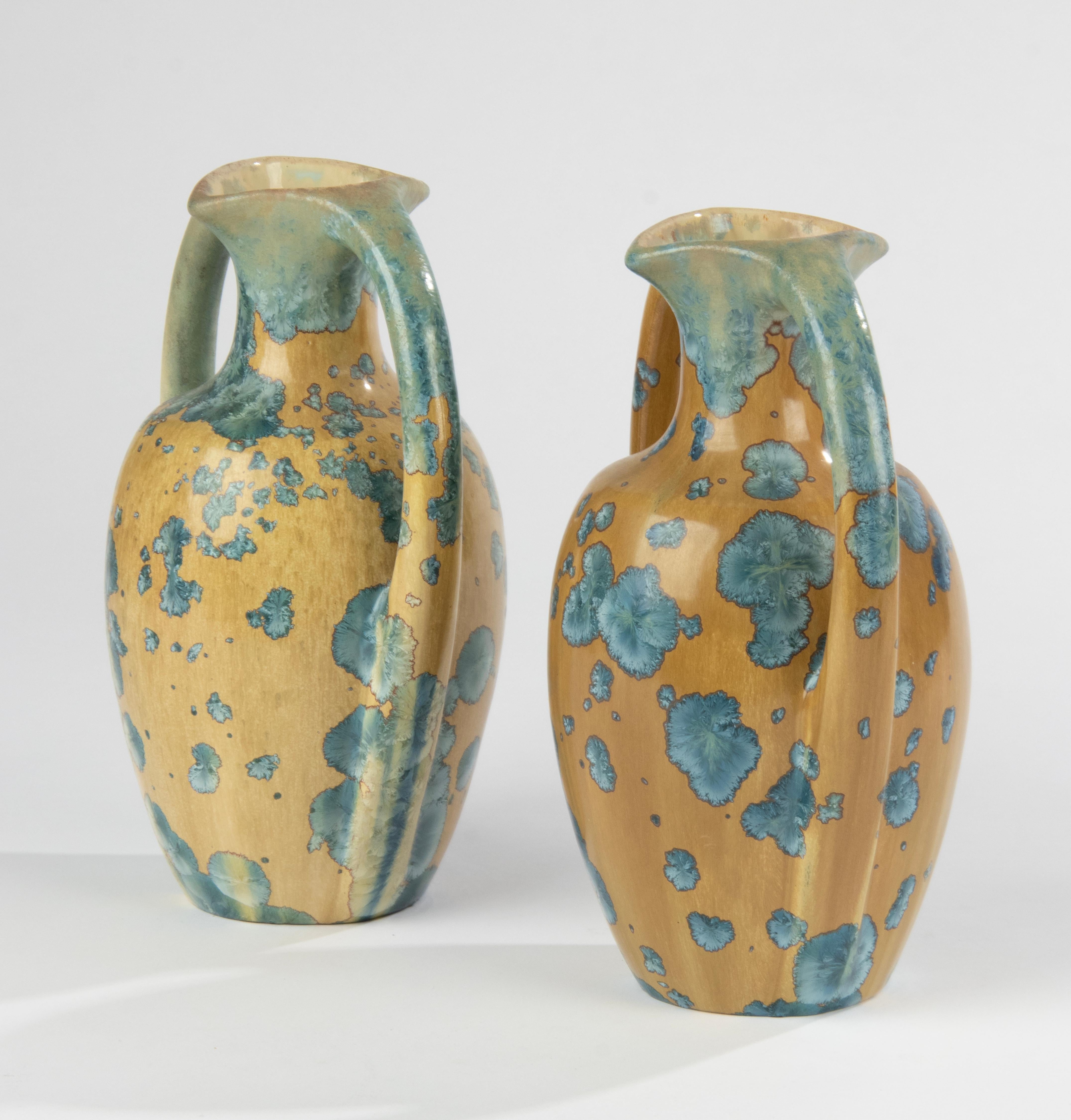 Pair of French Ceramic Art Deco Vases with Crystalline Glaze, Pierrefonds For Sale 6