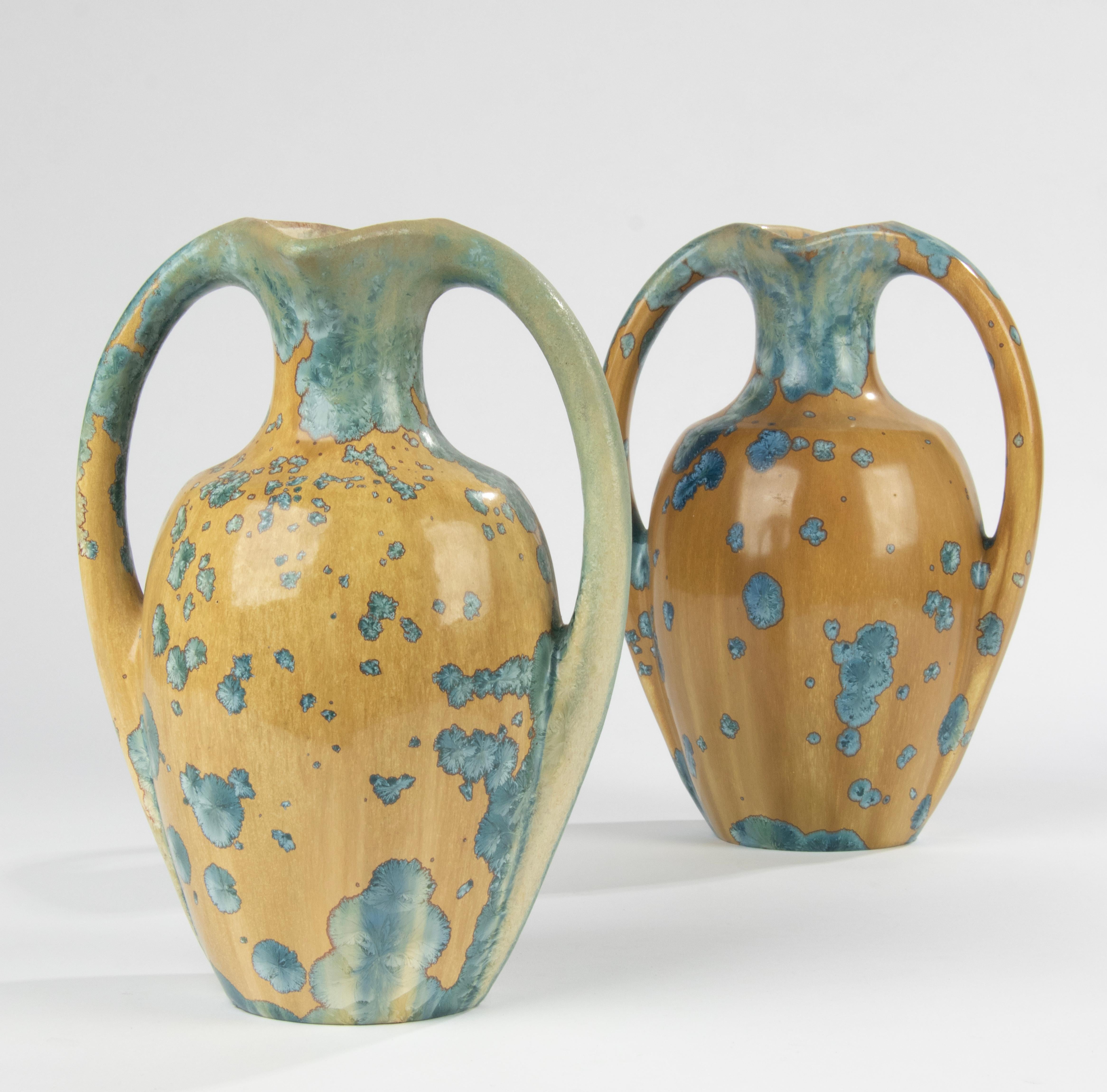 Pair of French Ceramic Art Deco Vases with Crystalline Glaze, Pierrefonds For Sale 12