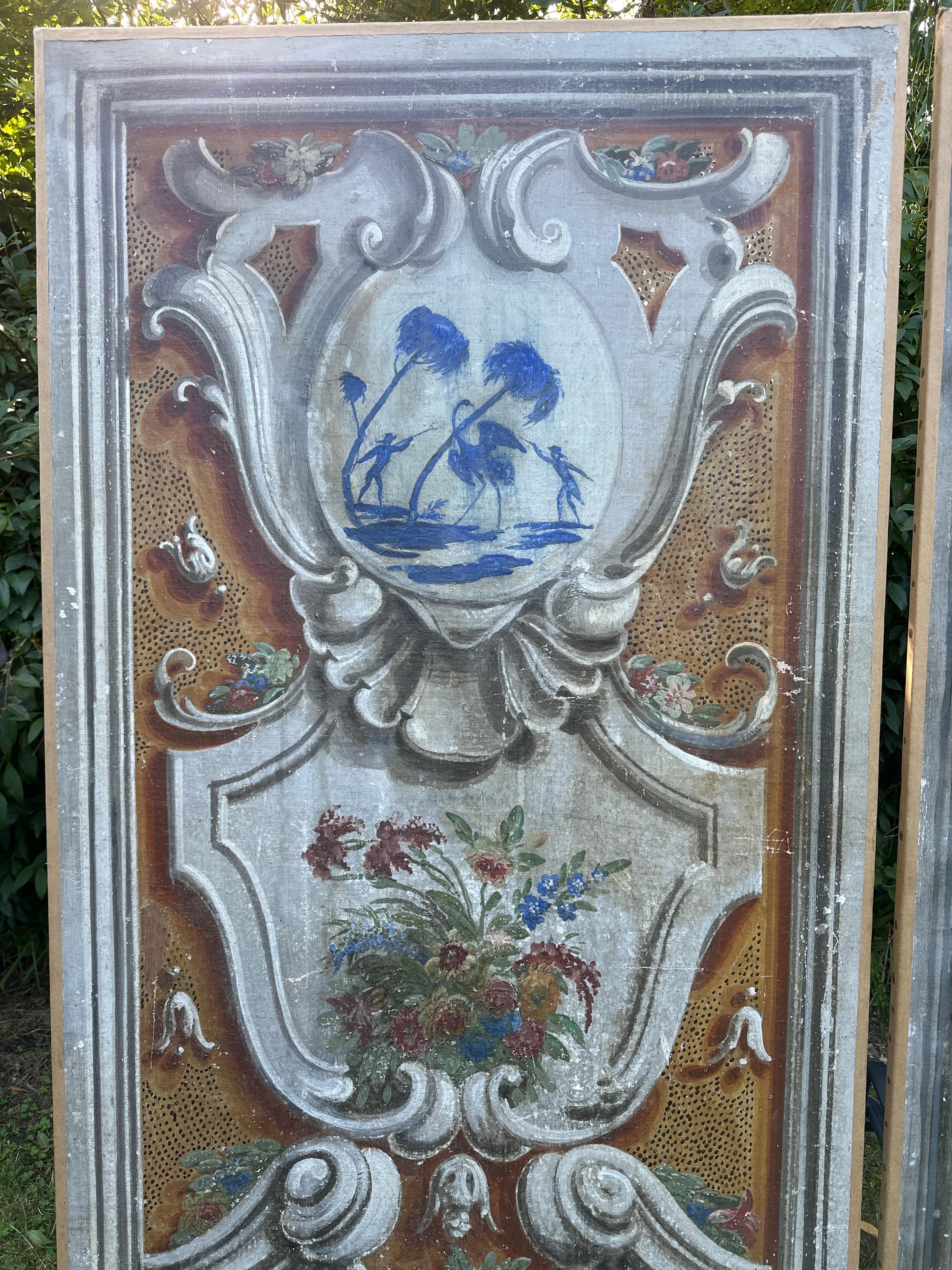 A pair of 19th century French oil paintings on canvas. Originally from a château in France. 
Decorated with scenes and cartouches . 