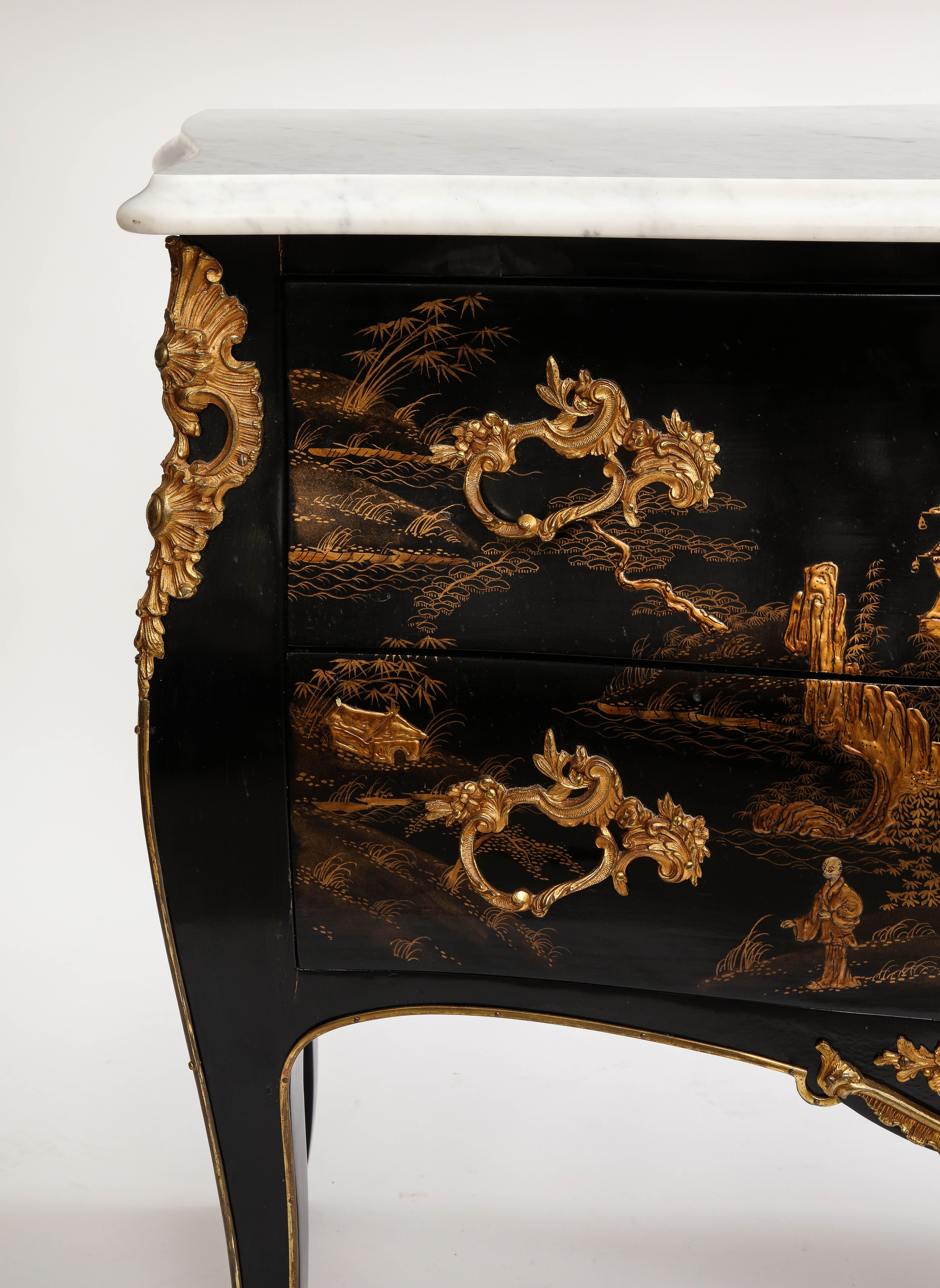 A Pair of French Chinoiserie Lacquered & Gilt Marble Top 2-Drawer Commodes For Sale 5