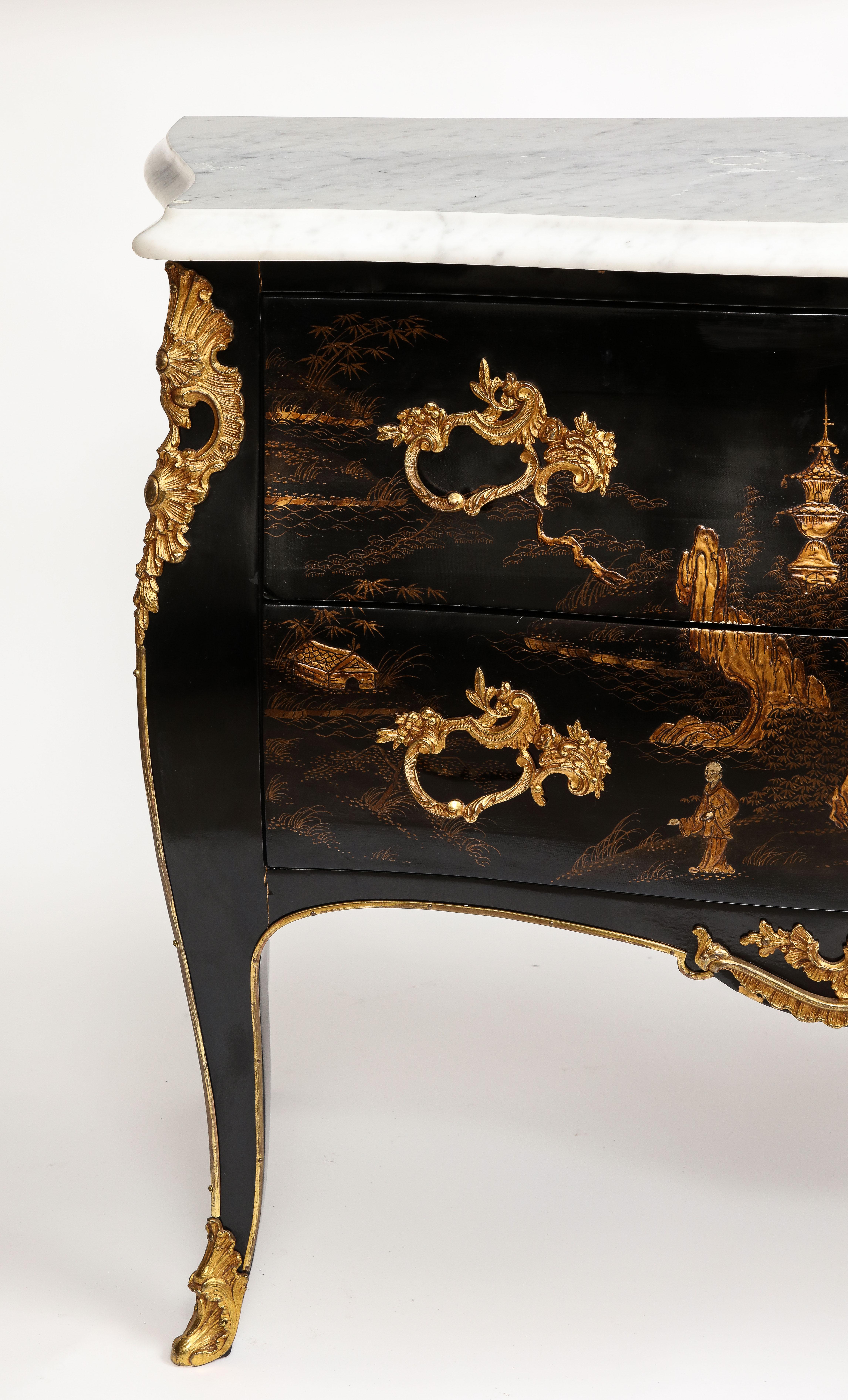 A Pair of French Chinoiserie Lacquered & Gilt Marble Top 2-Drawer Commodes For Sale 6