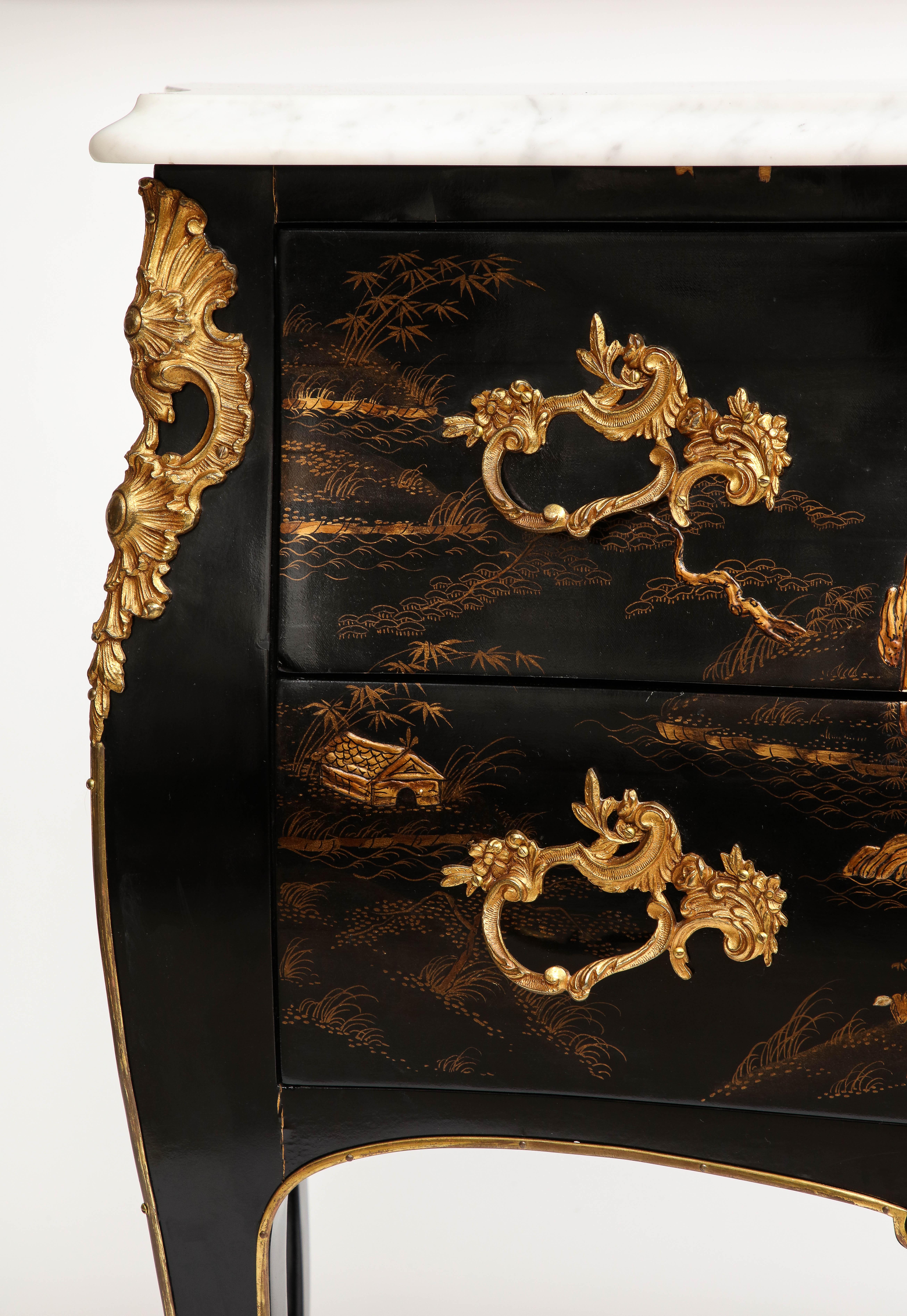 A Pair of French Chinoiserie Lacquered & Gilt Marble Top 2-Drawer Commodes For Sale 7
