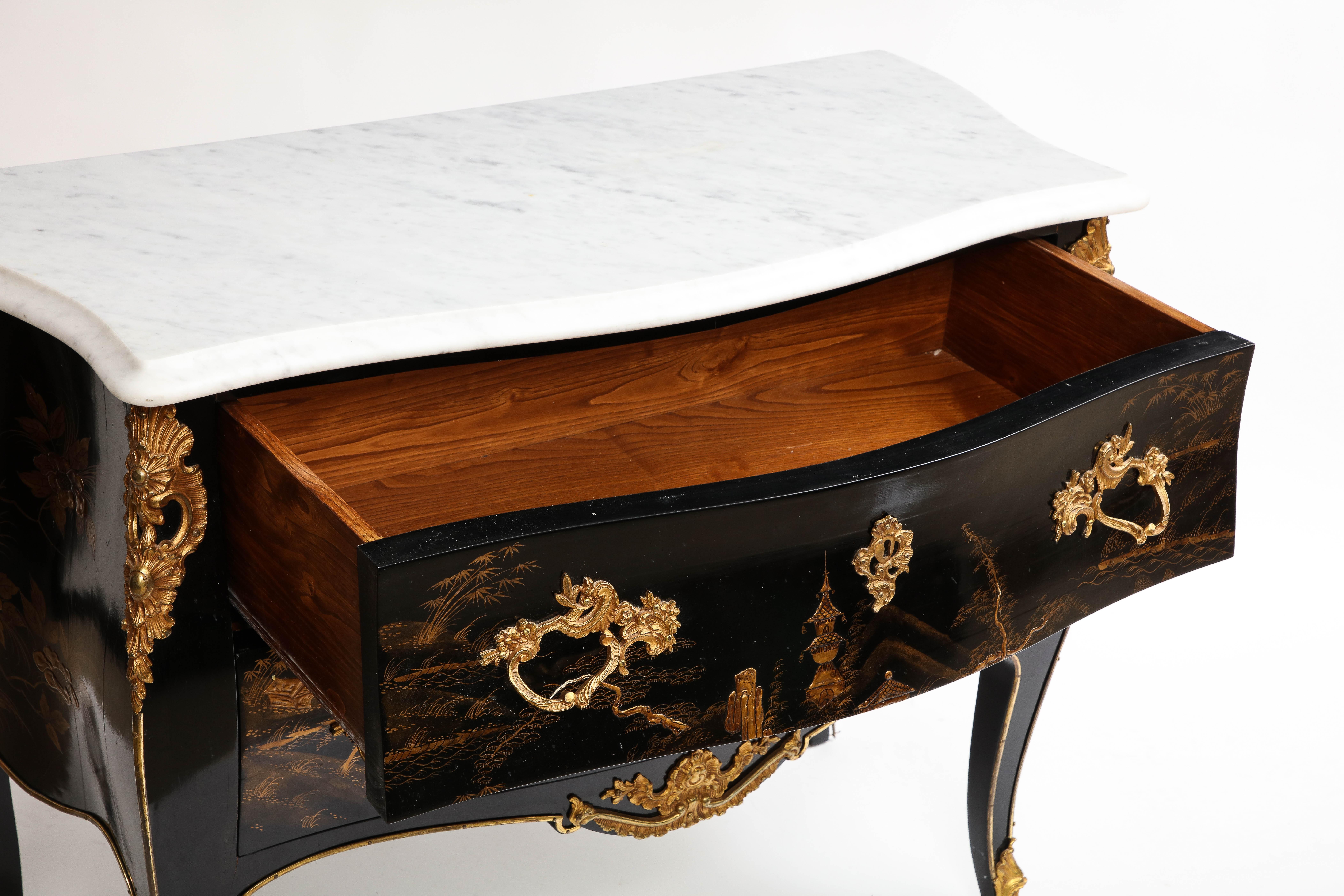 A Pair of French Chinoiserie Lacquered & Gilt Marble Top 2-Drawer Commodes For Sale 8