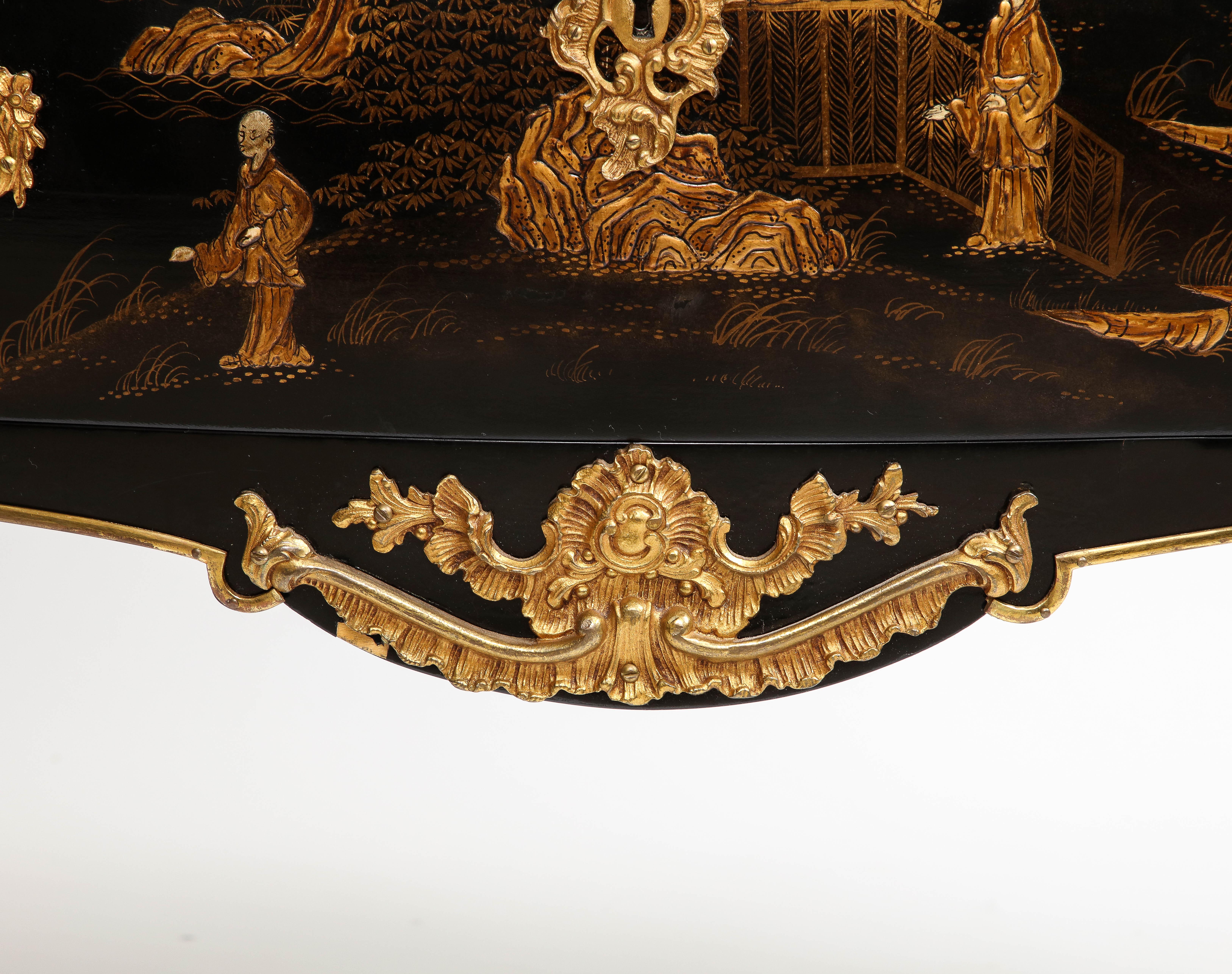 A Pair of French Chinoiserie Lacquered & Gilt Marble Top 2-Drawer Commodes For Sale 11