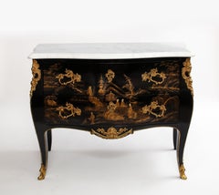 A Pair of French Chinoiserie Lacquered & Gilt Marble Top 2-Drawer Commodes