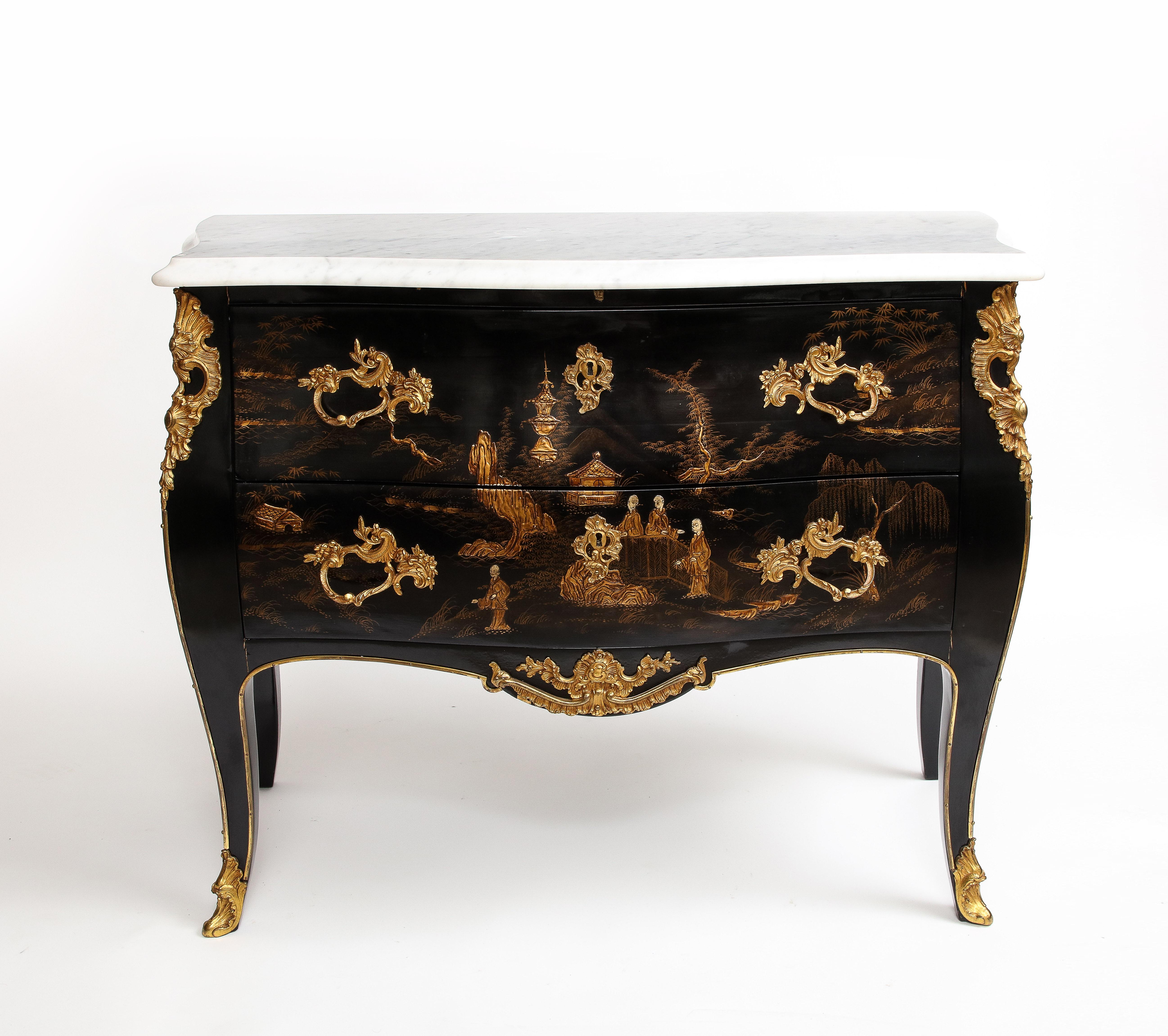 A Pair of French Chinoiserie Lacquered & Gilt Marble Top 2-Drawer Commodes In Good Condition For Sale In New York, NY