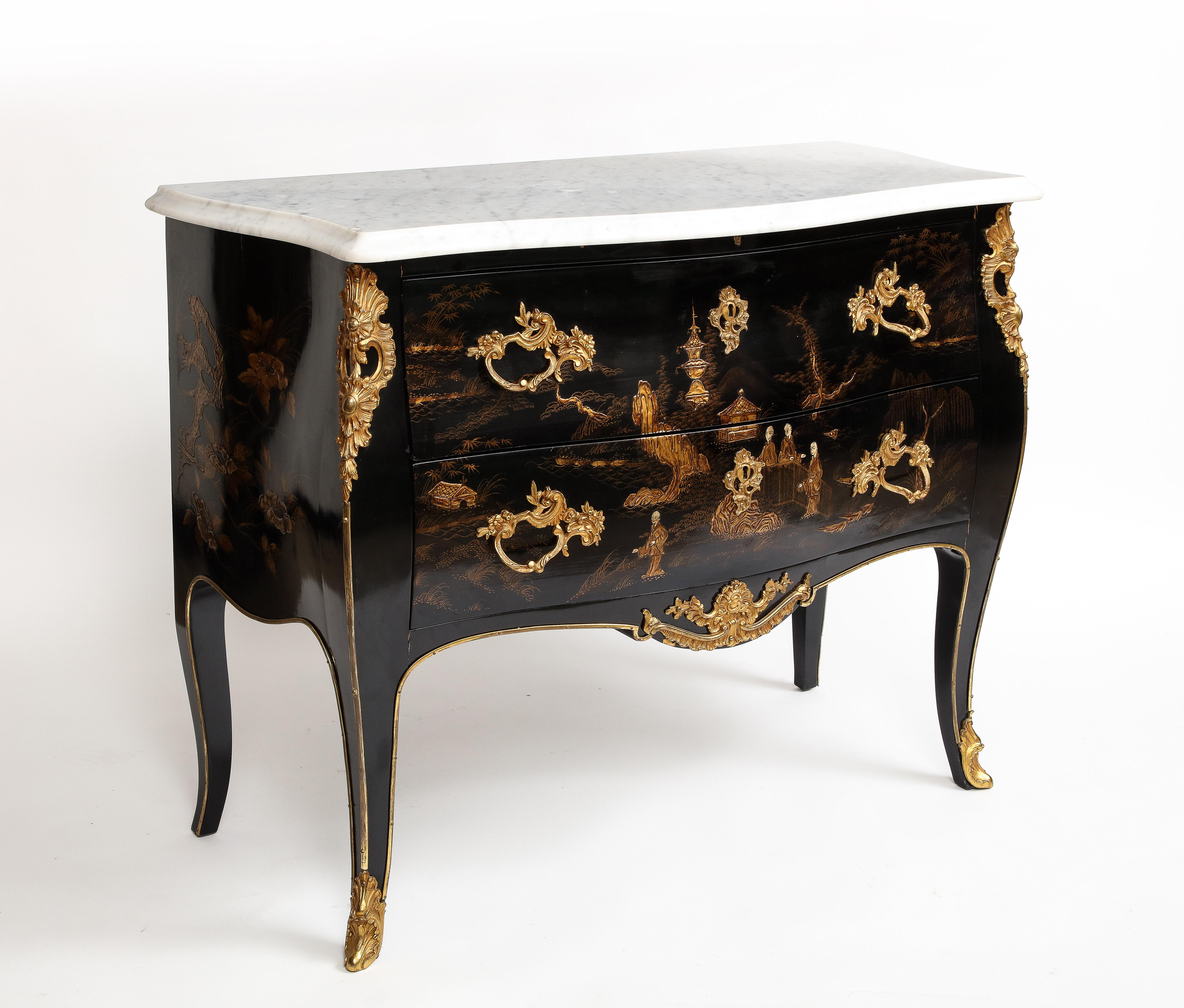 Early 20th Century A Pair of French Chinoiserie Lacquered & Gilt Marble Top 2-Drawer Commodes For Sale