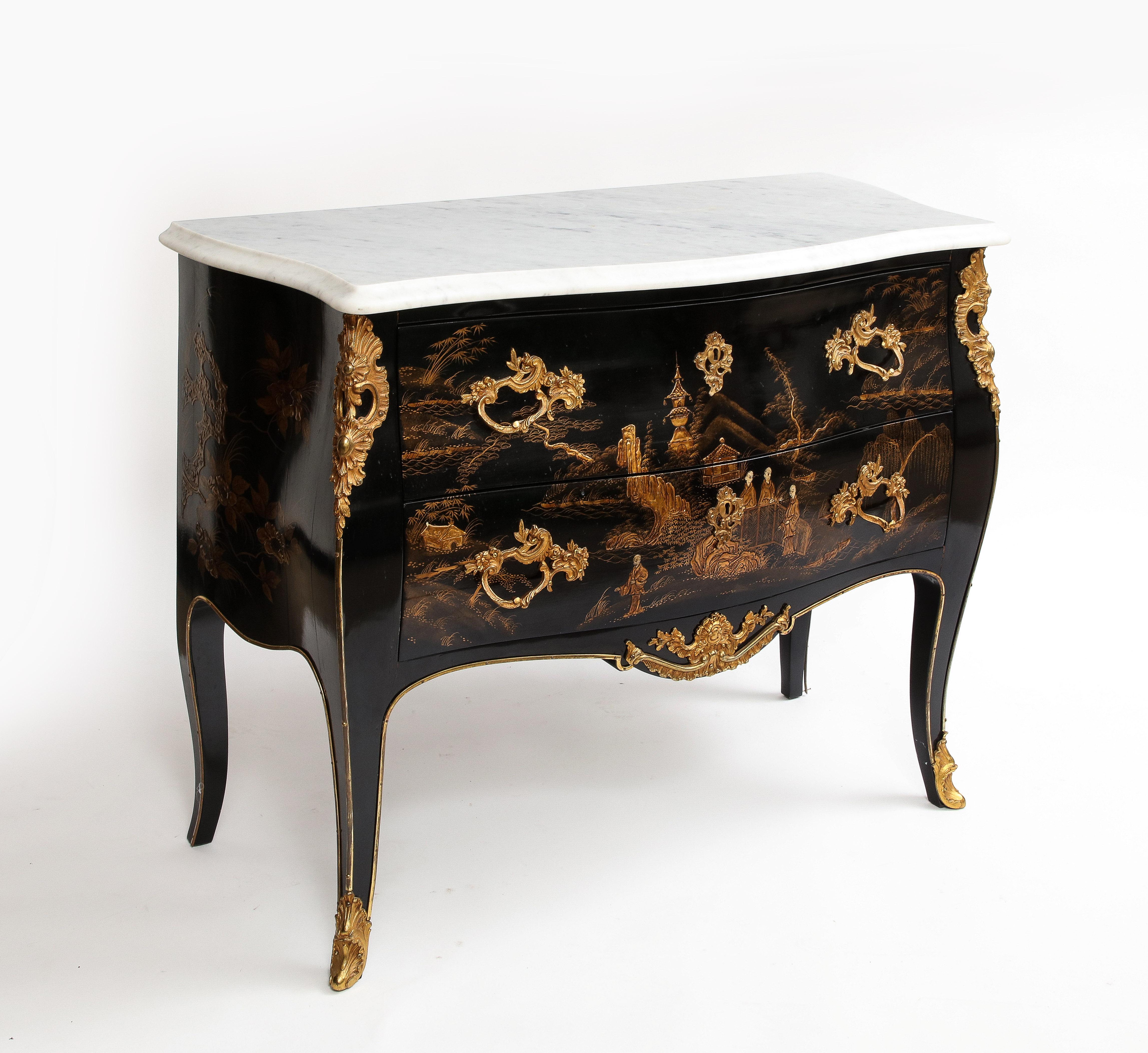 Bronze A Pair of French Chinoiserie Lacquered & Gilt Marble Top 2-Drawer Commodes For Sale