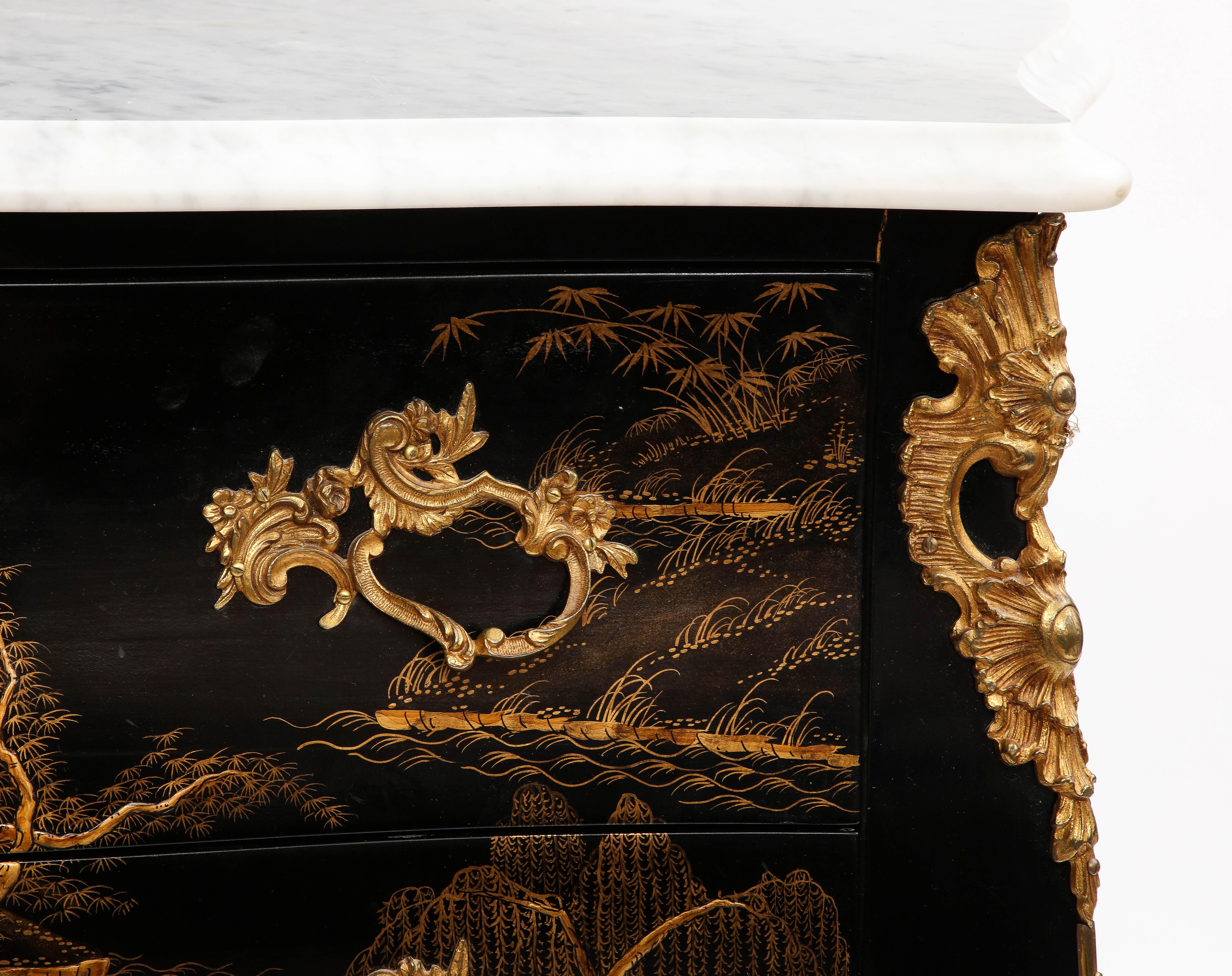 A Pair of French Chinoiserie Lacquered & Gilt Marble Top 2-Drawer Commodes For Sale 4