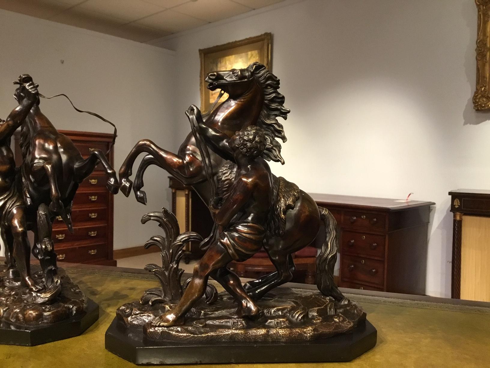 Late 19th Century Pair of French Classical 19th Century Bronze Marley Horses after Coustou