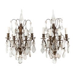 Pair of French Classical Wall Lamps with Crystal Drops