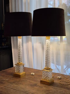 A pair of french coloumn table lamps, cut crystal & gilt bronze, Baccarat style