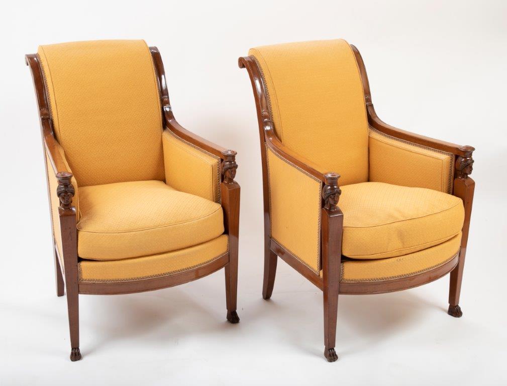 A Pair of early 19th century French Bergeres. The chairs date from the Consulat period which is marked by the rise of both Egyptian revival and Empire style in French Furniture
The Consular period in France began in November 1799 when the Directory